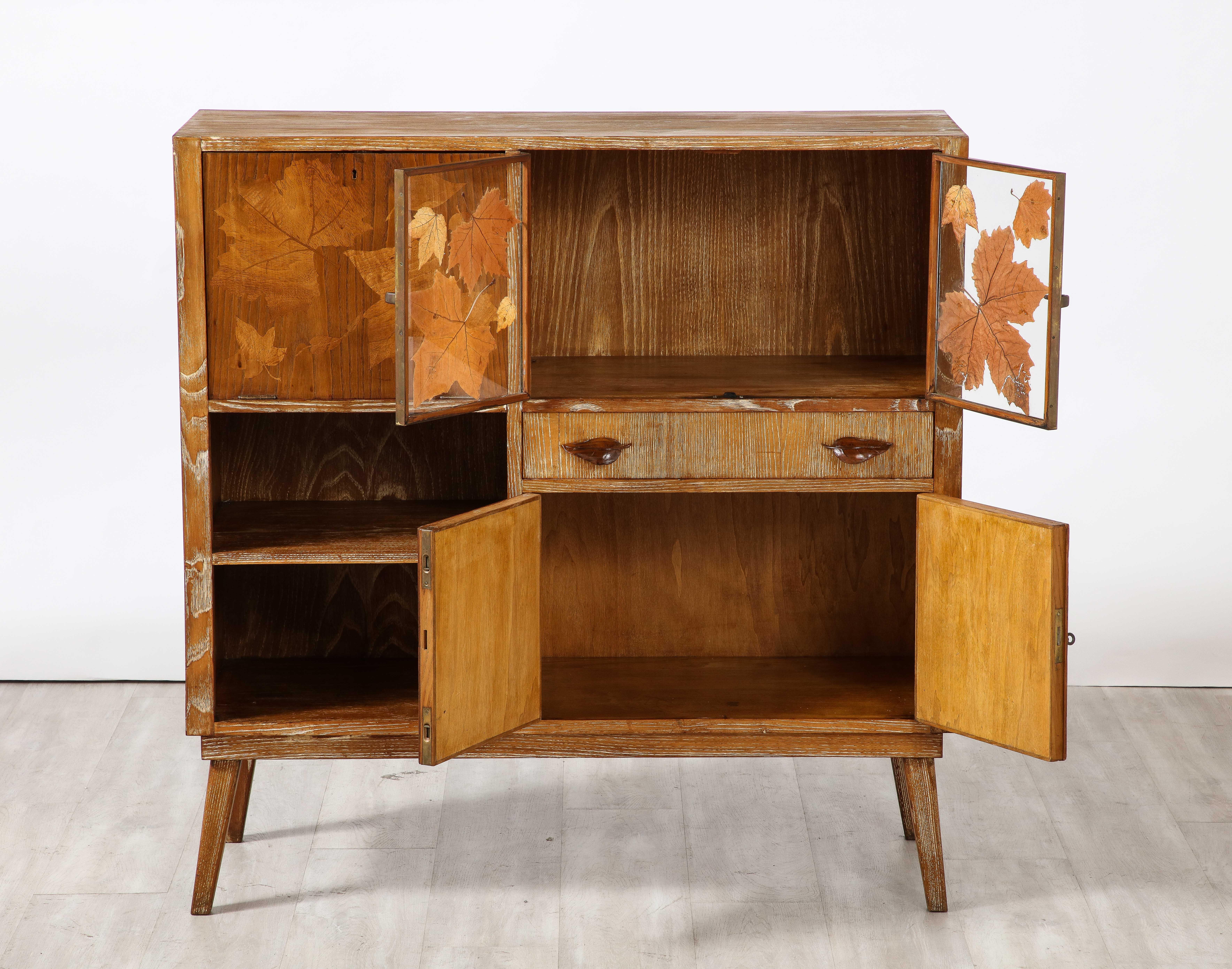 Découpage Italian 1940's Cerused Oak Cabinet or Dry Bar For Sale