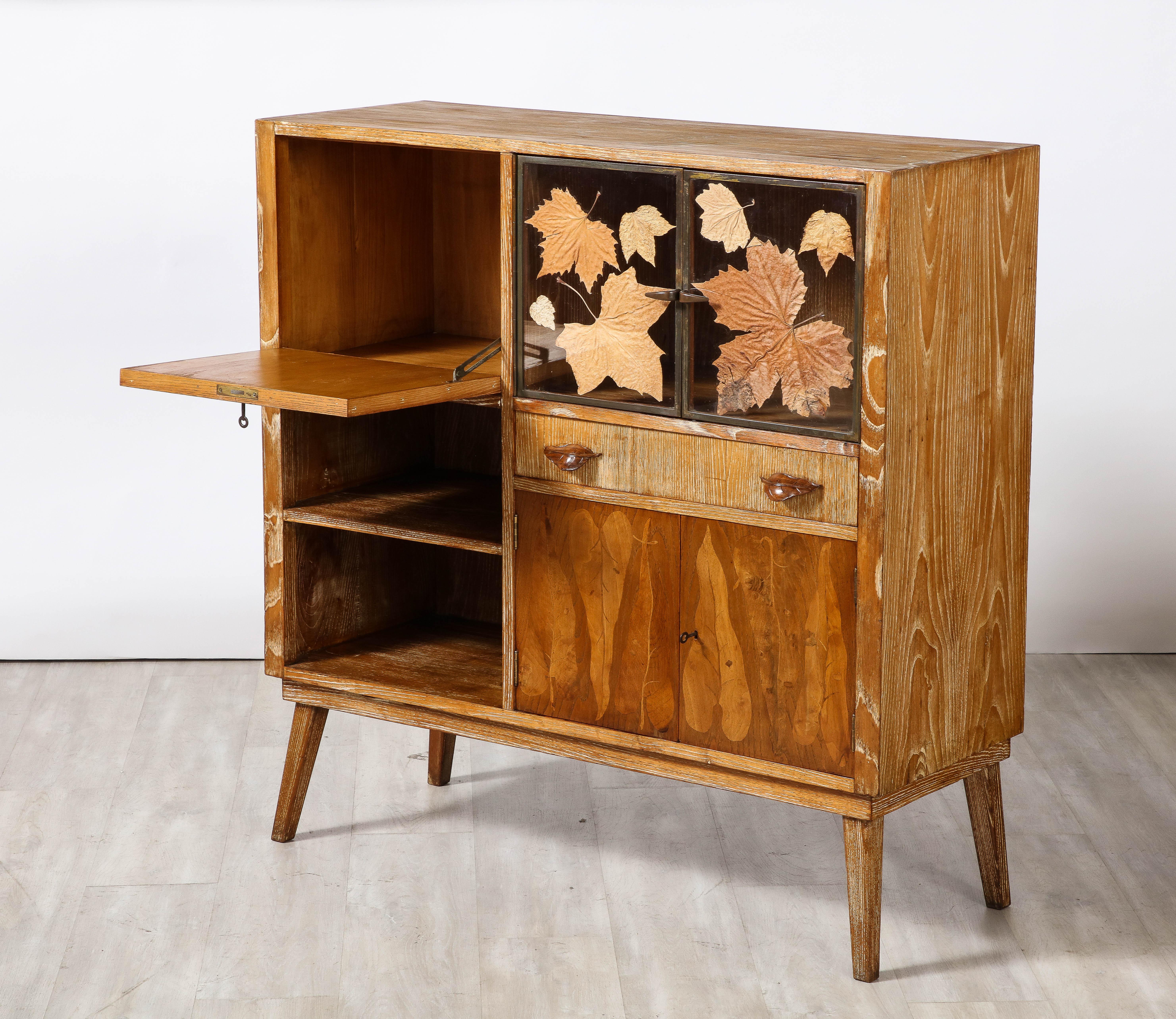 Glass Italian 1940's Cerused Oak Cabinet or Dry Bar For Sale