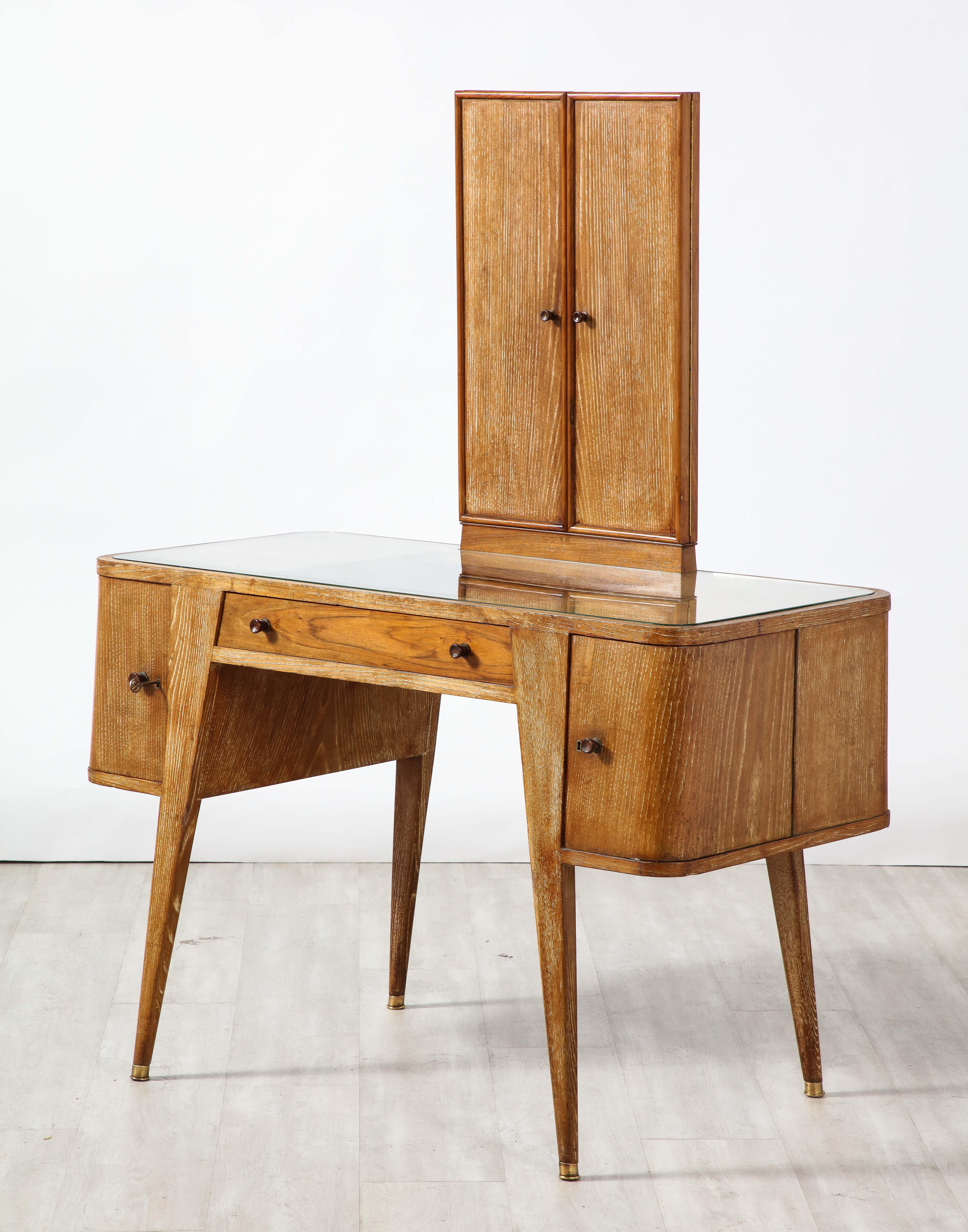 Italian 1940's Cerused Oak Vanity Table with Bench  4