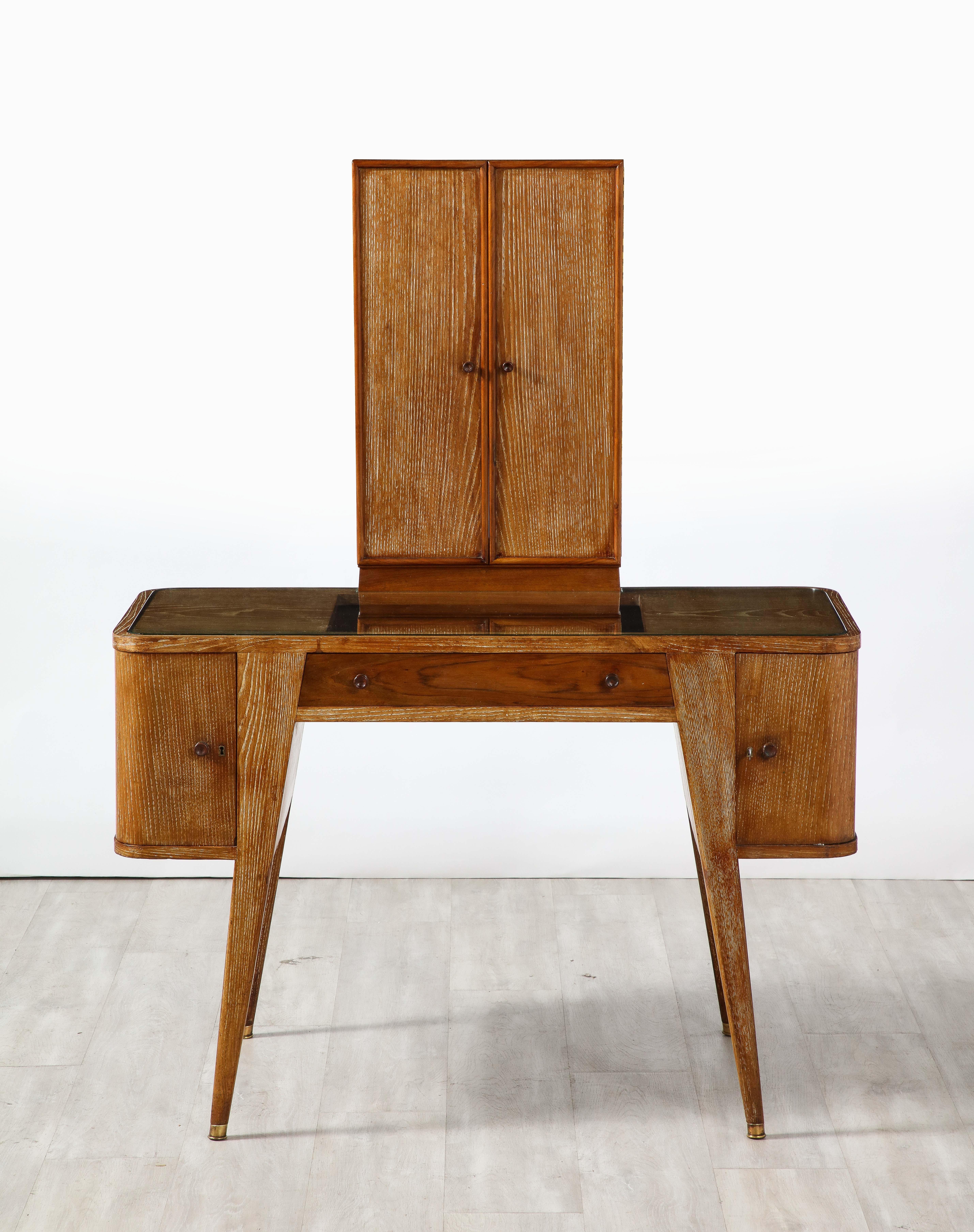 Mid-20th Century Italian 1940's Cerused Oak Vanity Table with Bench 