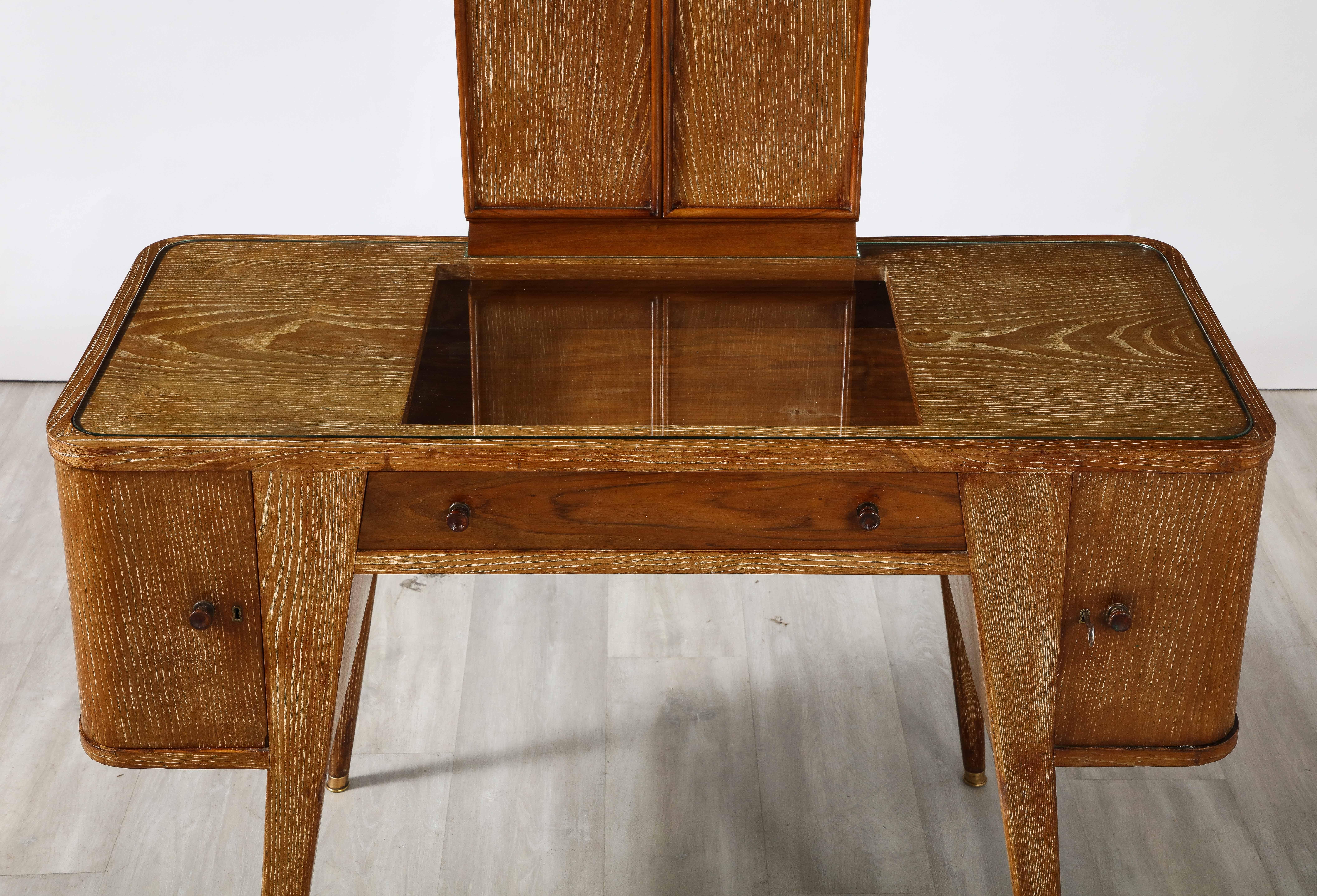 Glass Italian 1940's Cerused Oak Vanity Table with Bench 