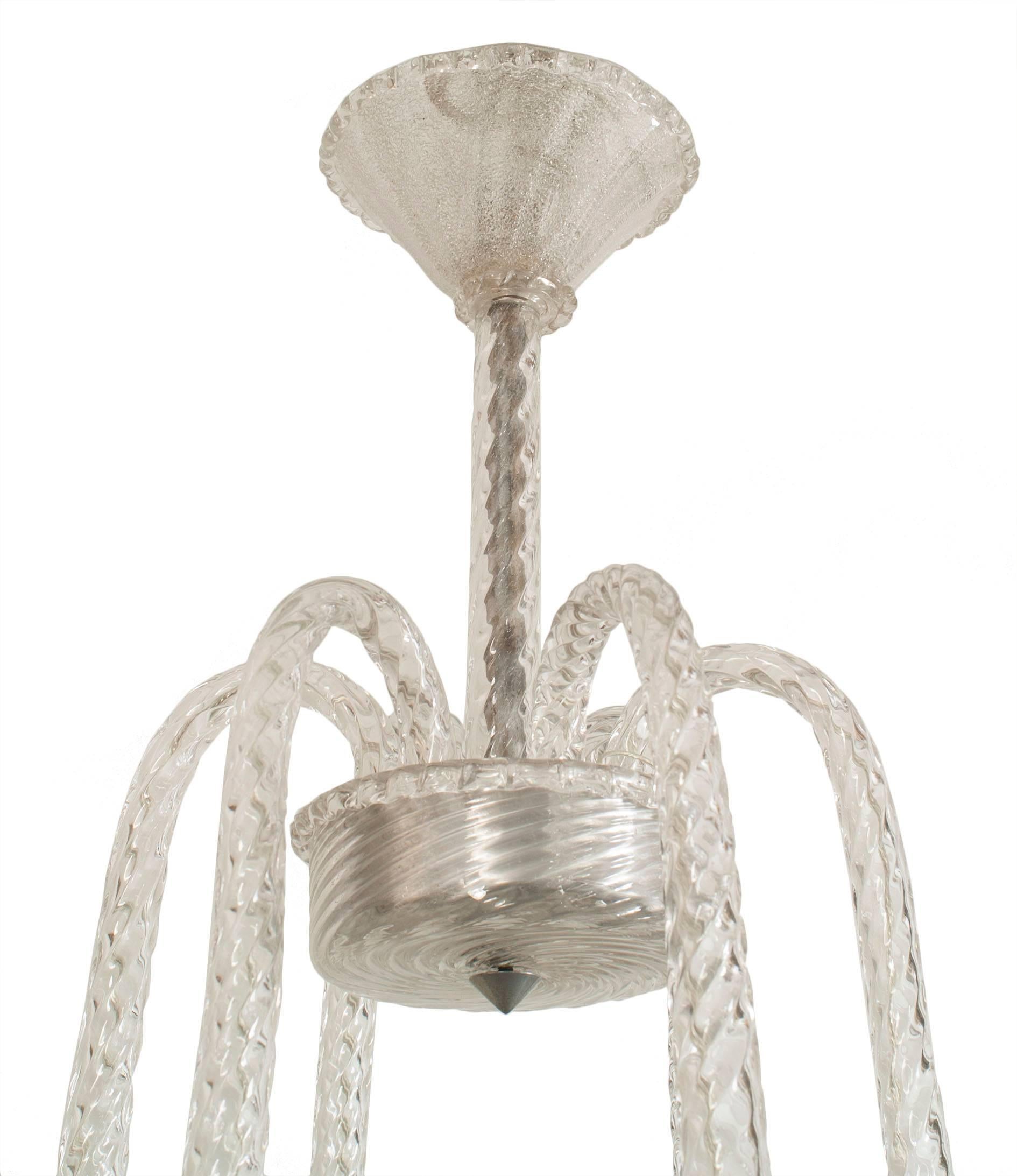 Italian Mid-Century (1940s) chandelier with 6 clear scroll form swirl arms supporting internal bubble glass fluted cone shaped shades with an acid etched & textured interior (by SEGUSO)
