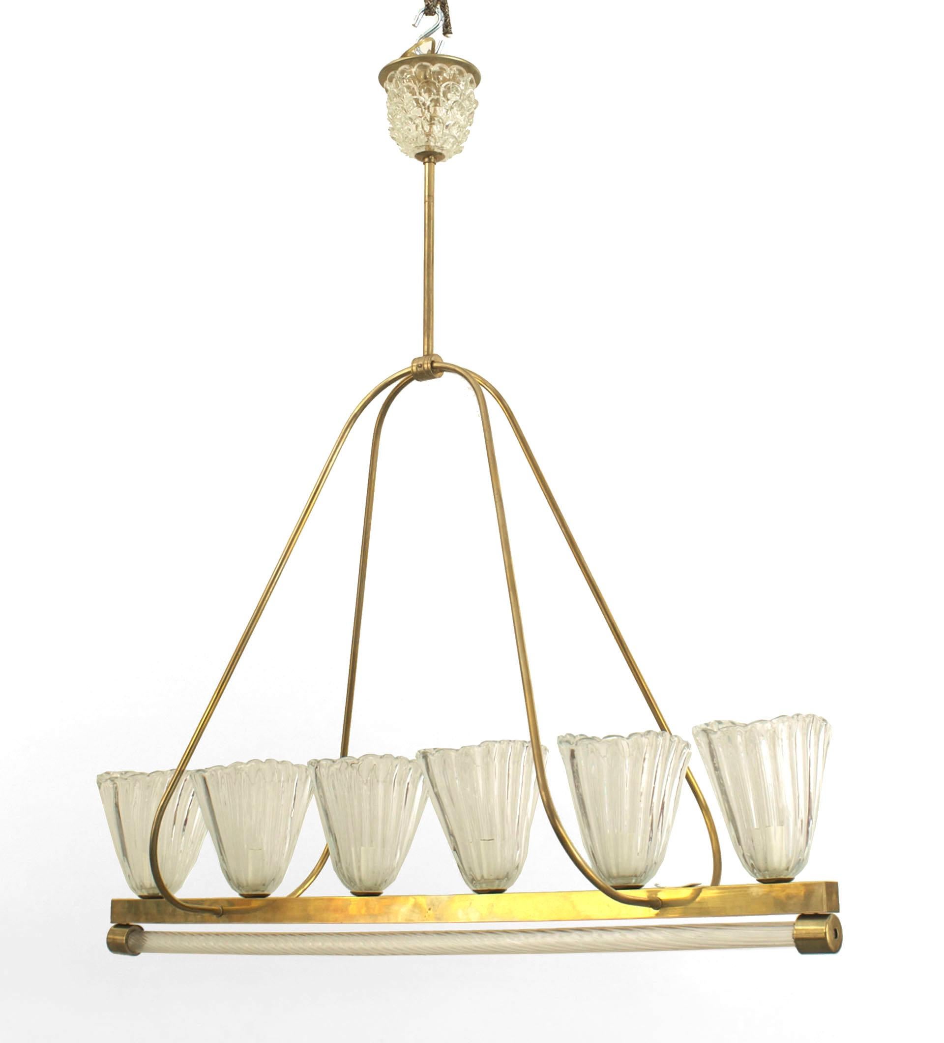 Italian mid-century (1940s) chandelier with a line of 6 large oval fluted & flared shaped glass shades resting on a brass frame over a swirl glass tube bottom suspended by a double loop frame. (BAROVIER ET TOSO).
 