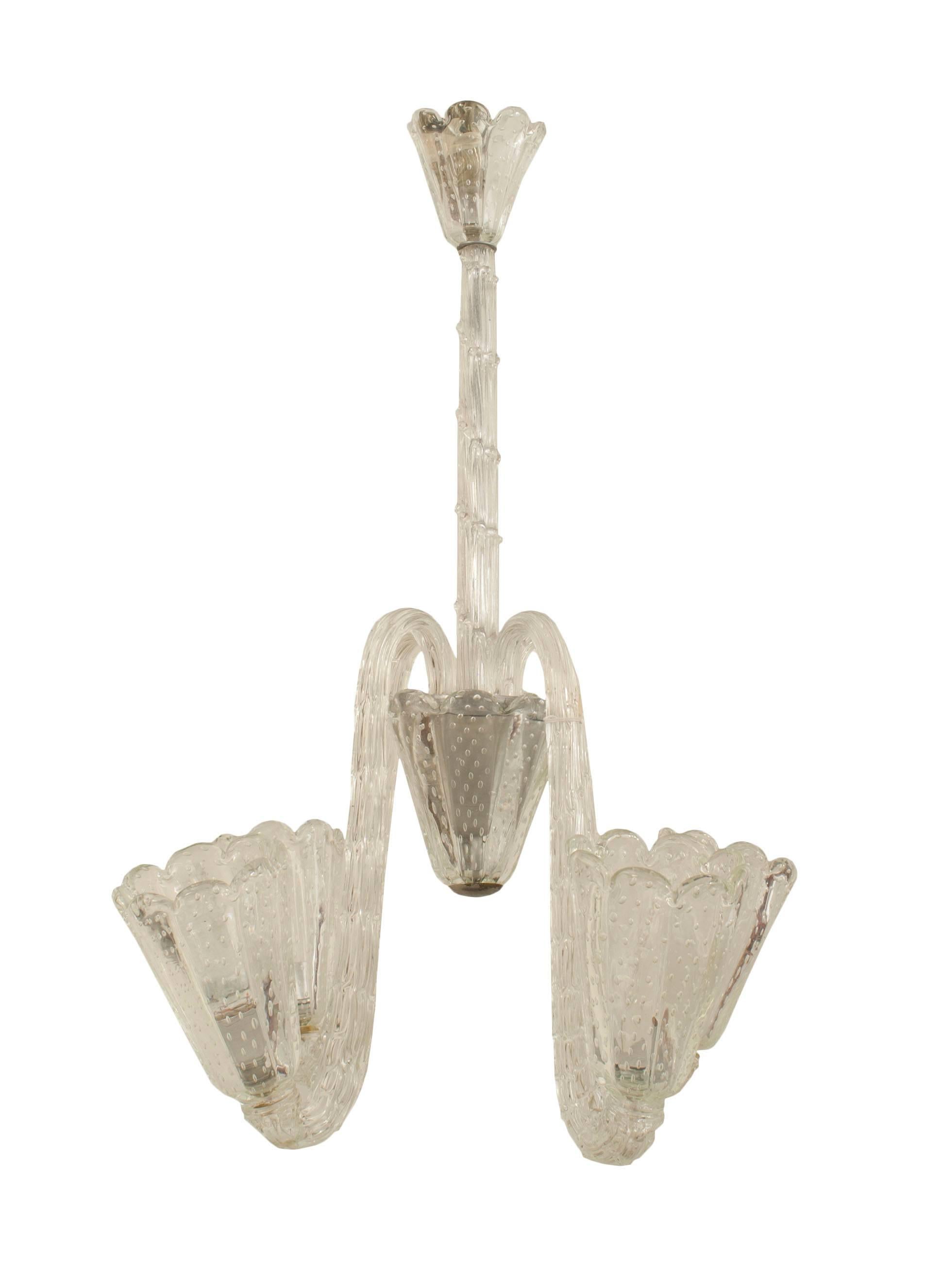 Italian 1940s chandelier with an opalescent glass swirl centerpost & scroll arms supporting internal bubble glass fluted & scalloped top shades (by BAROVIER ET TOSO)
