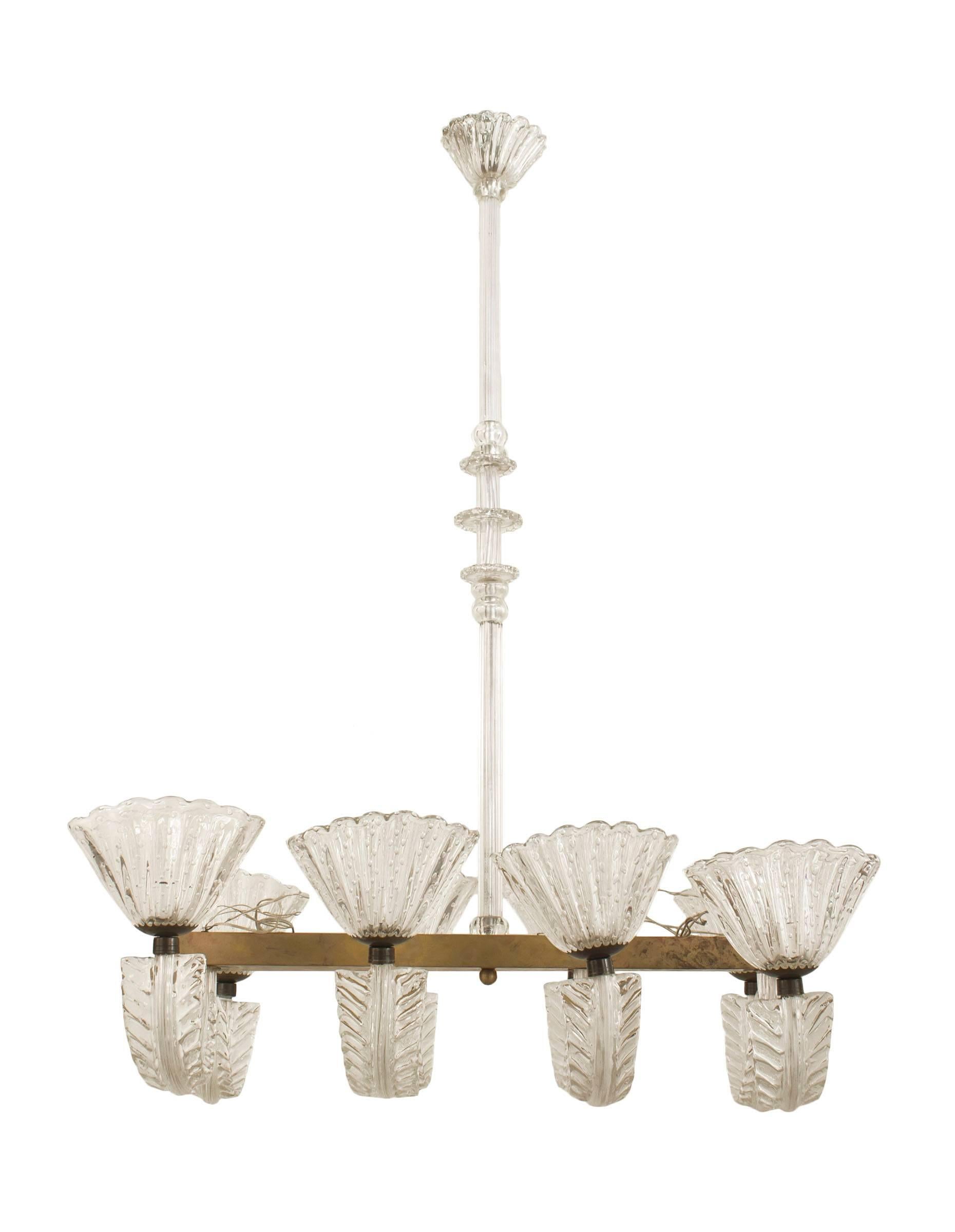 Italian Mid-Century (1940s) chandelier with horizontal metal frame having 4 Pair of feather form clear glass arms supporting large internal bubble design oval shades with a tiered centerpost (BAROVIER ET TOSO)
