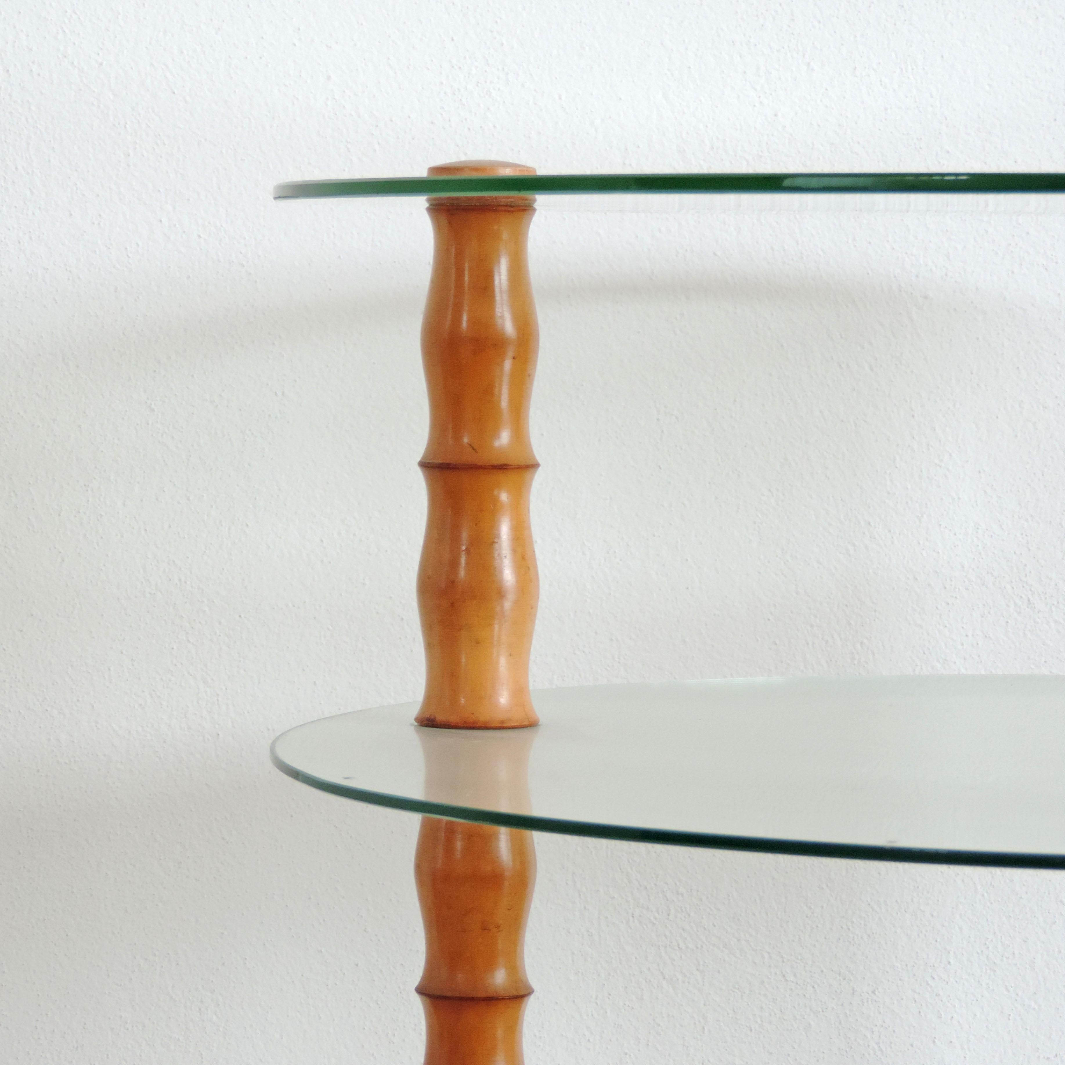 Mid-Century Modern Italian 1940s Circular Two Tier Glass and Turned Wood Coffee Table For Sale