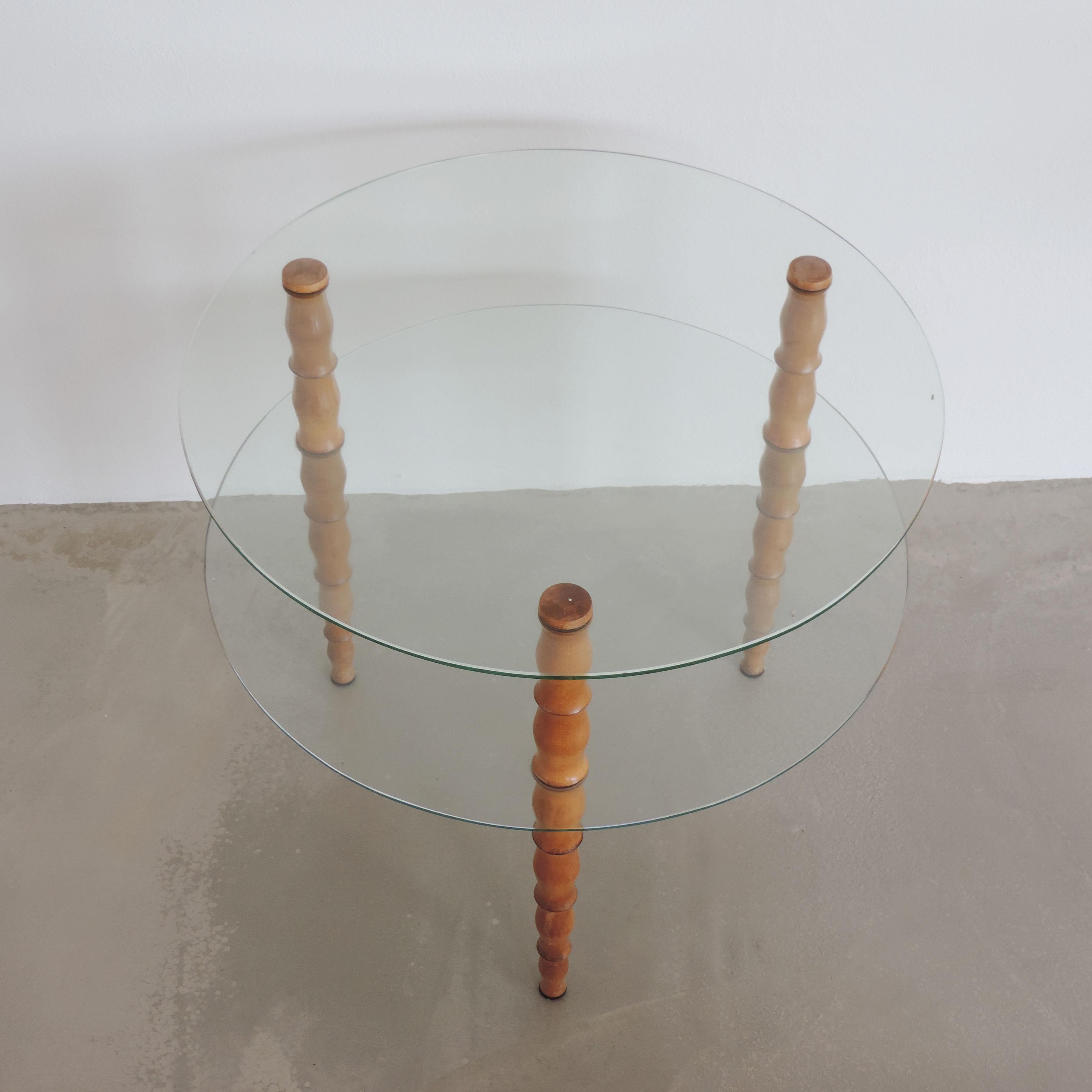 Mid-20th Century Italian 1940s Circular Two Tier Glass and Turned Wood Coffee Table For Sale