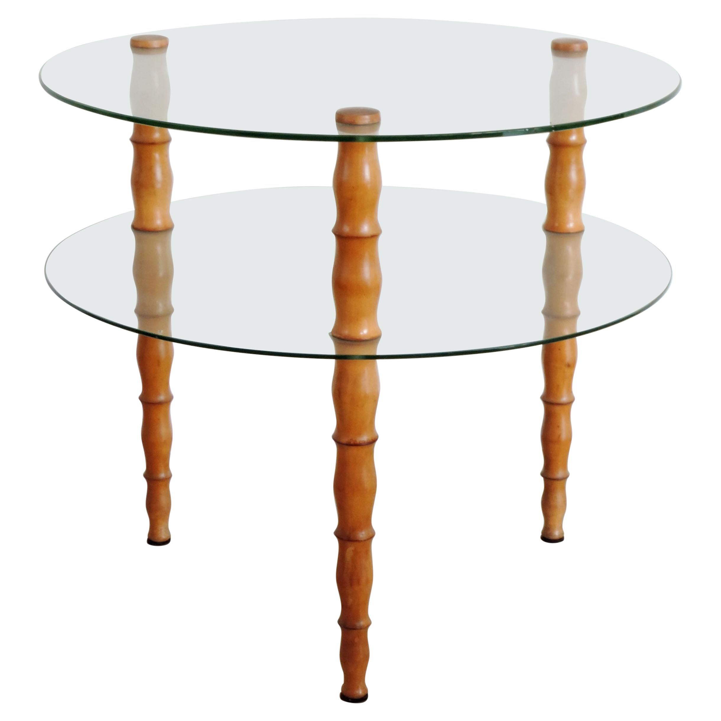 Table basse circulaire italienne des années 1940 à deux niveaux en verre et bois tourné