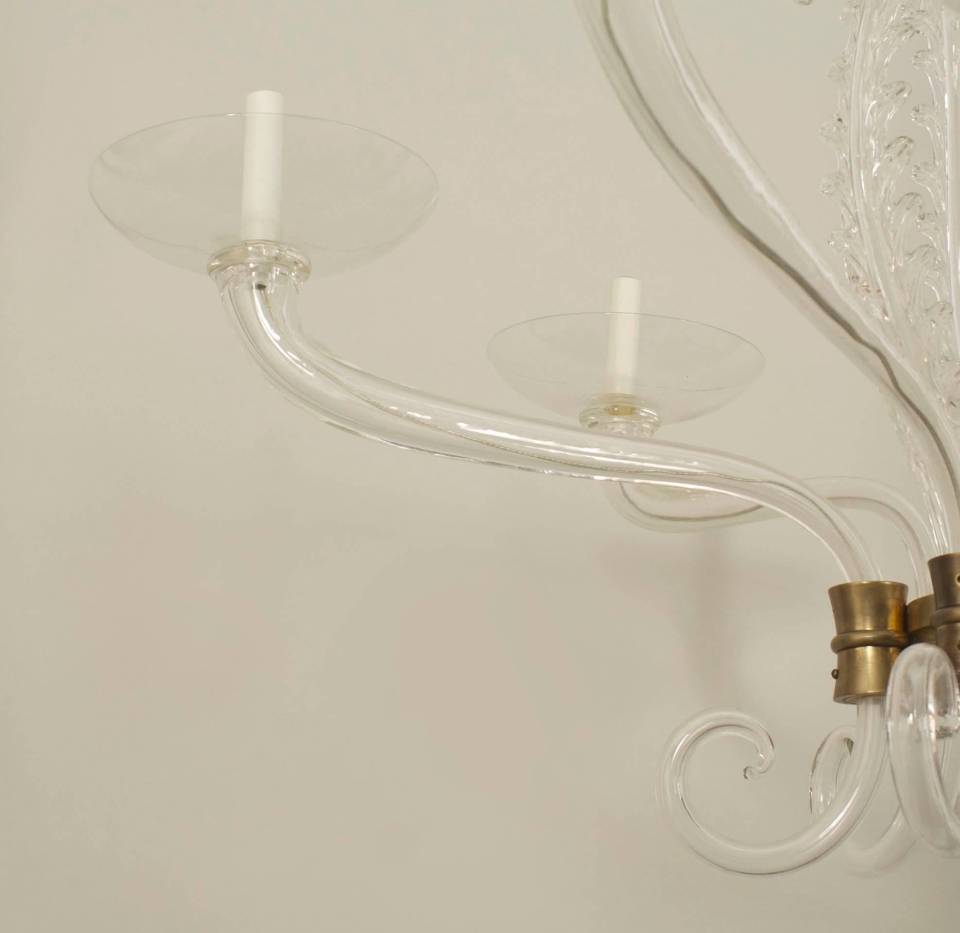 Italian 1940s Clear Glass Chandelier with Six Scroll Arms In Good Condition In New York, NY