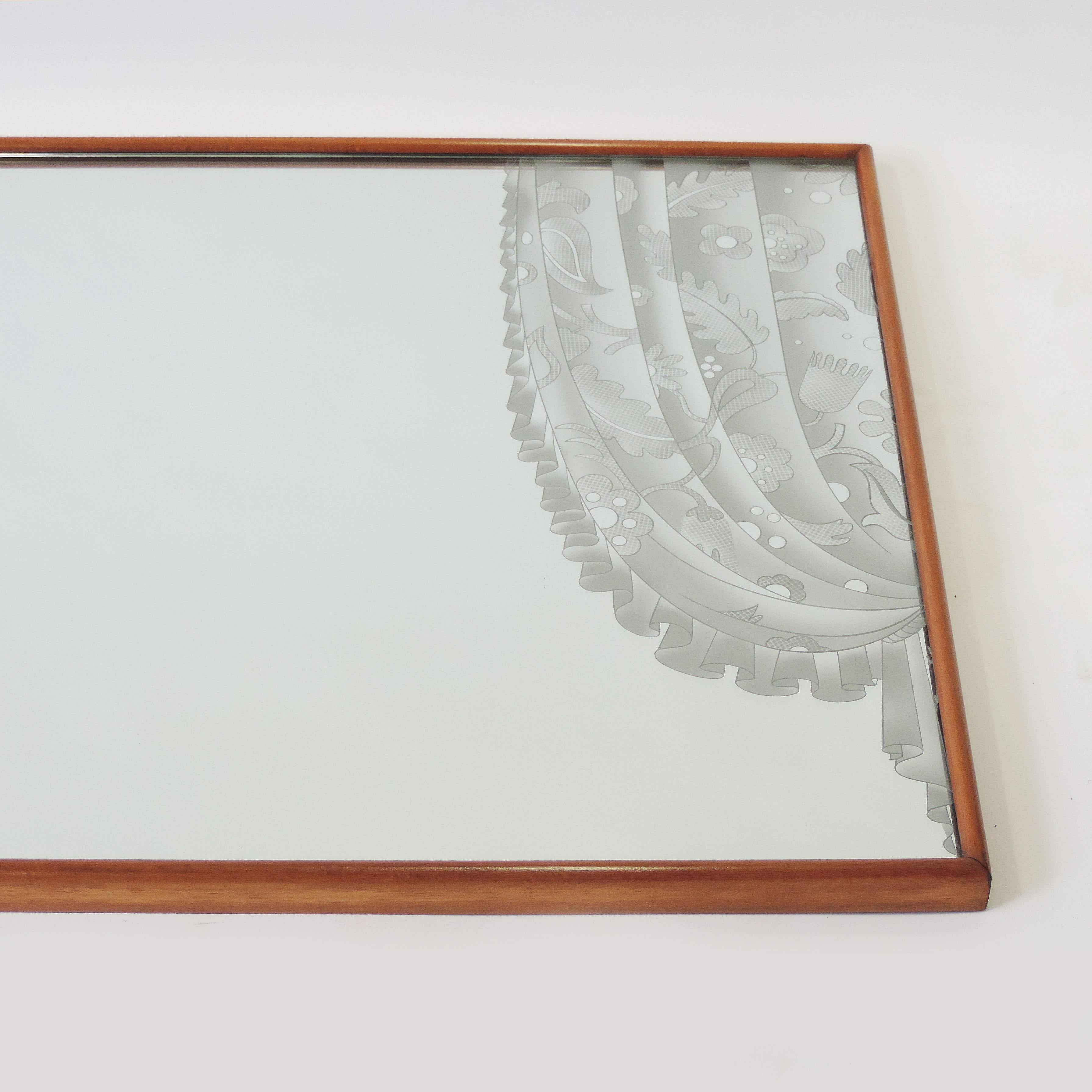 Etched Italian 1940s Curtains Wall Mirror with a Wood Frame by Brusotti
