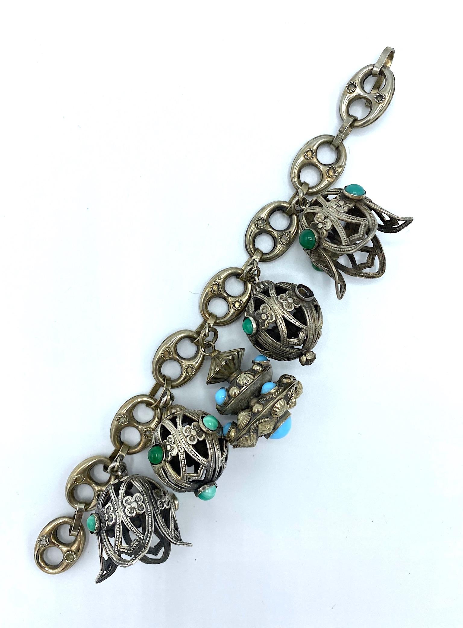 Women's Italian 1940s Etruscan 800 Silver Large Charm Bracelet