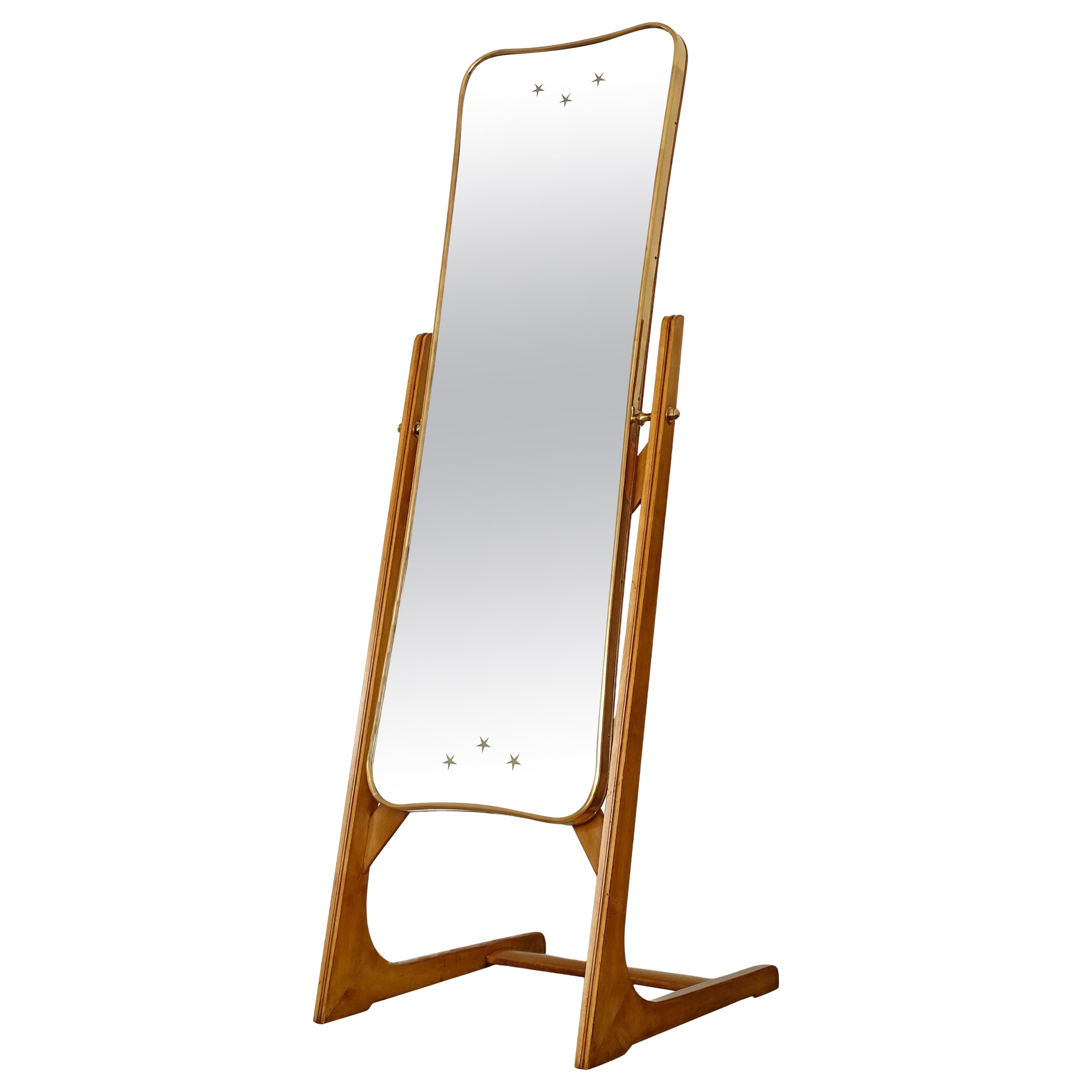Italian 1940s Floor Mirror in Beautifully Crafted Wood and Brass Frame.
