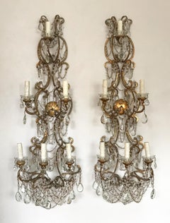Italian 1940s Gilt-Iron and Crystal Beaded Sconces