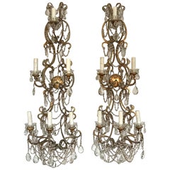 Italian 1940s Gilt-Iron and Crystal Beaded Sconces