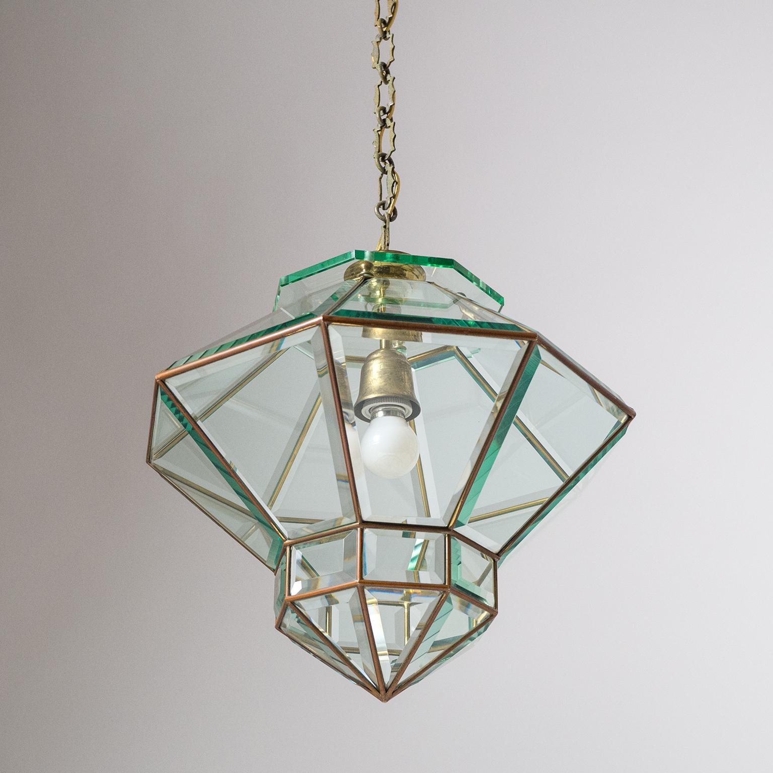 Italian 1940s Lantern, Faceted Glass and Brass 4