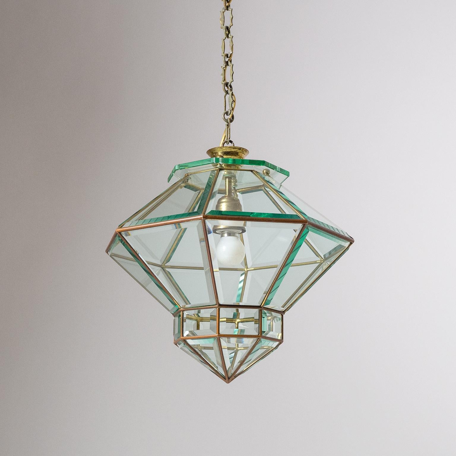 Italian 1940s Lantern, Faceted Glass and Brass 9