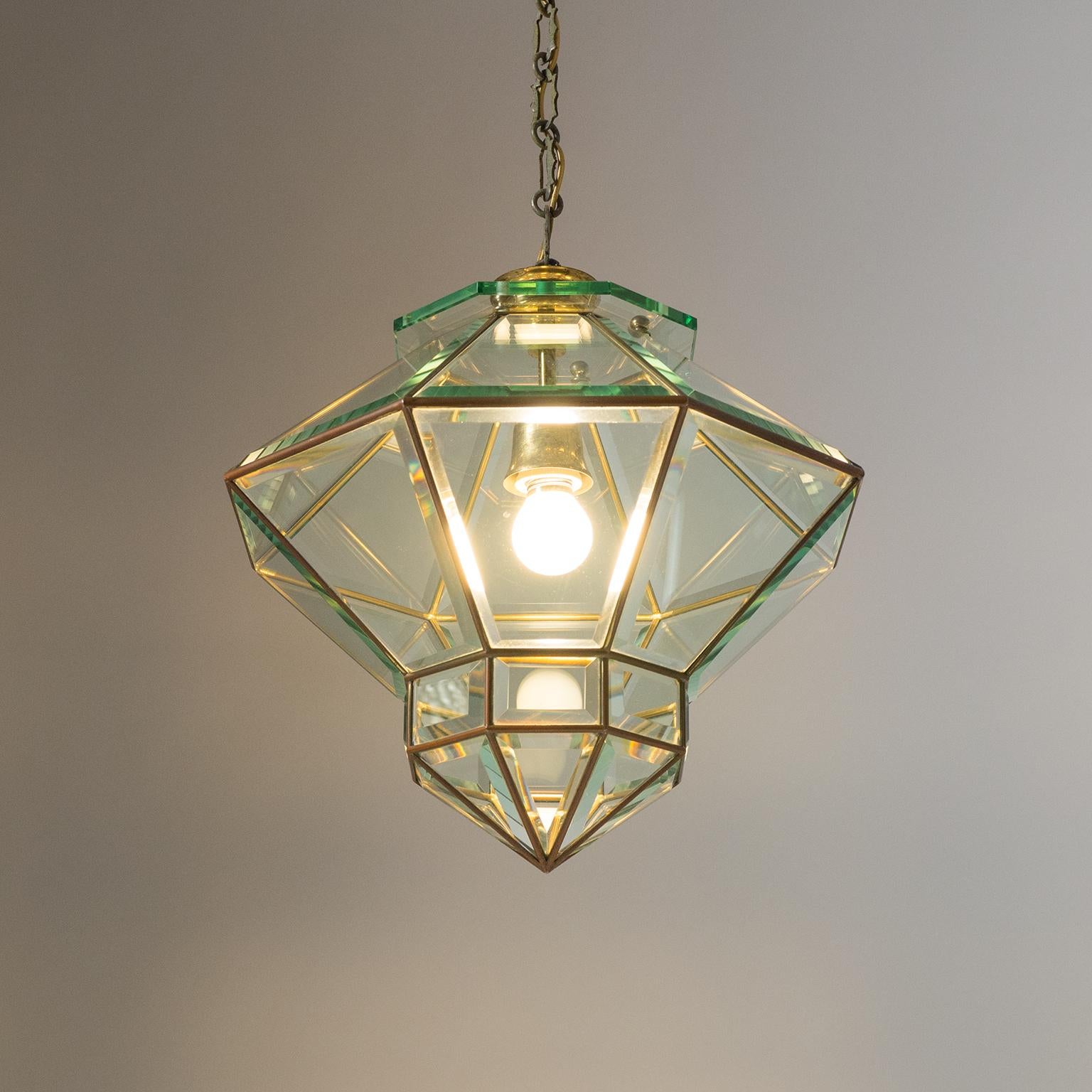 Italian 1940s Lantern, Faceted Glass and Brass 11