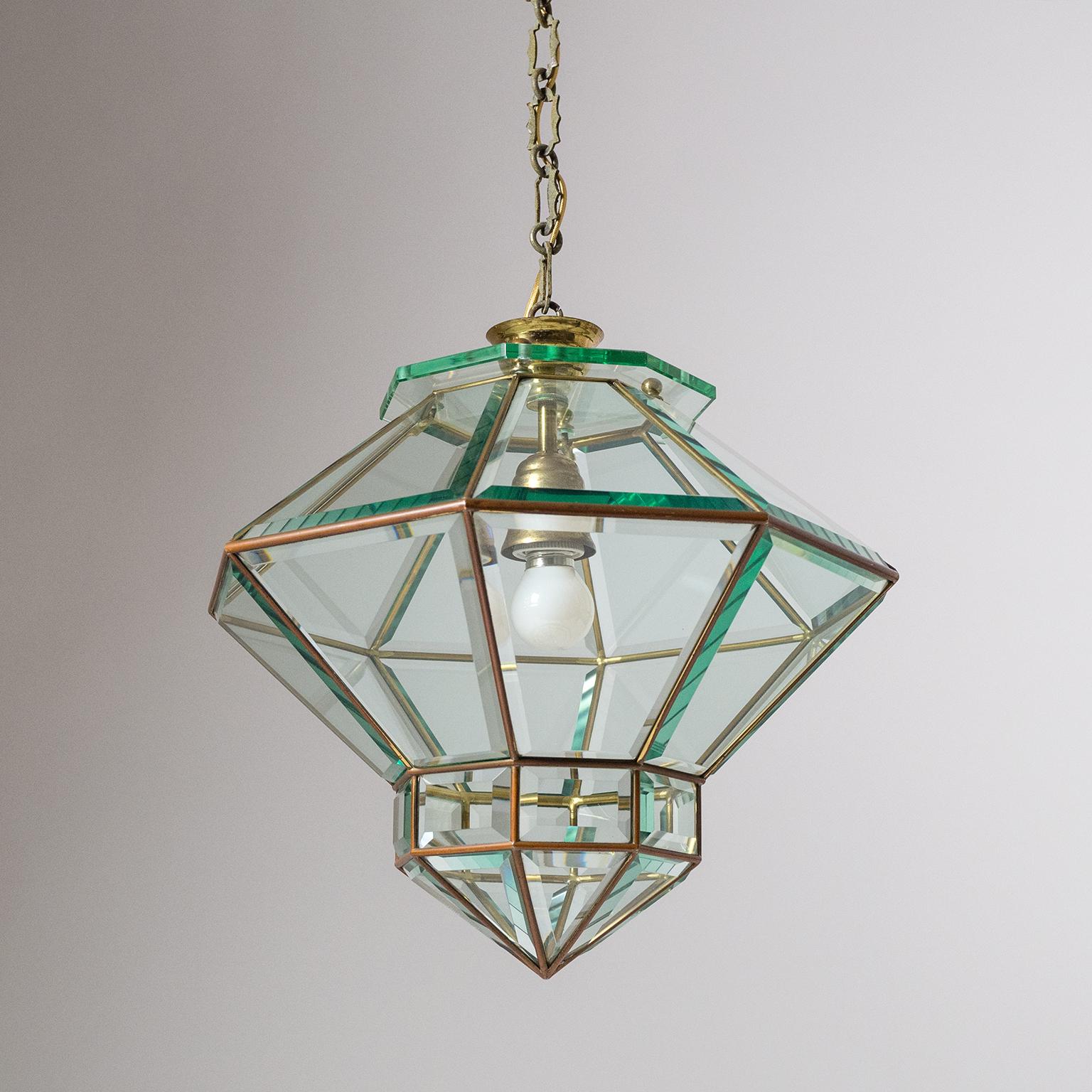 Italian 1940s Lantern, Faceted Glass and Brass (Art déco)