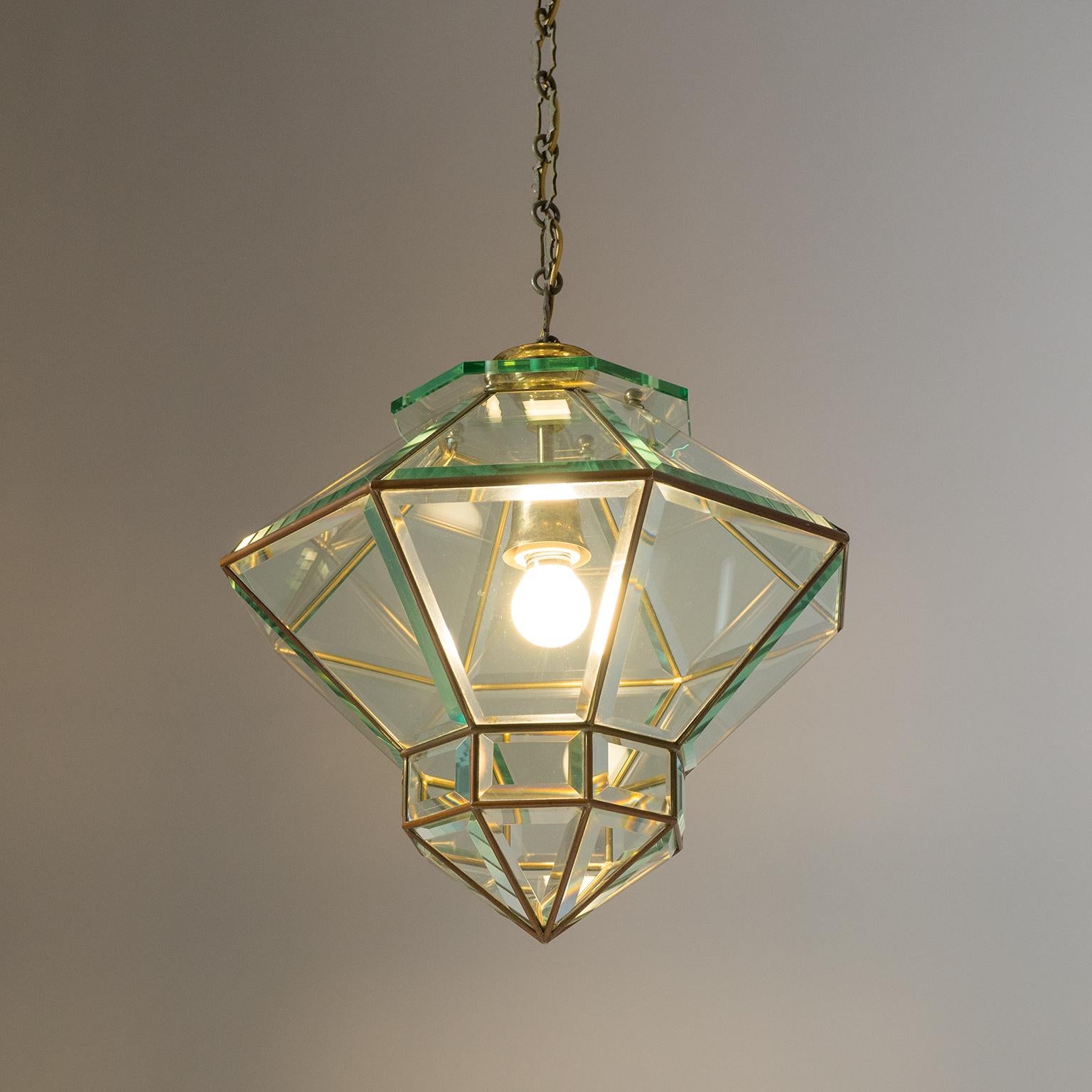 Art Deco Italian 1940s Lantern, Faceted Glass and Brass