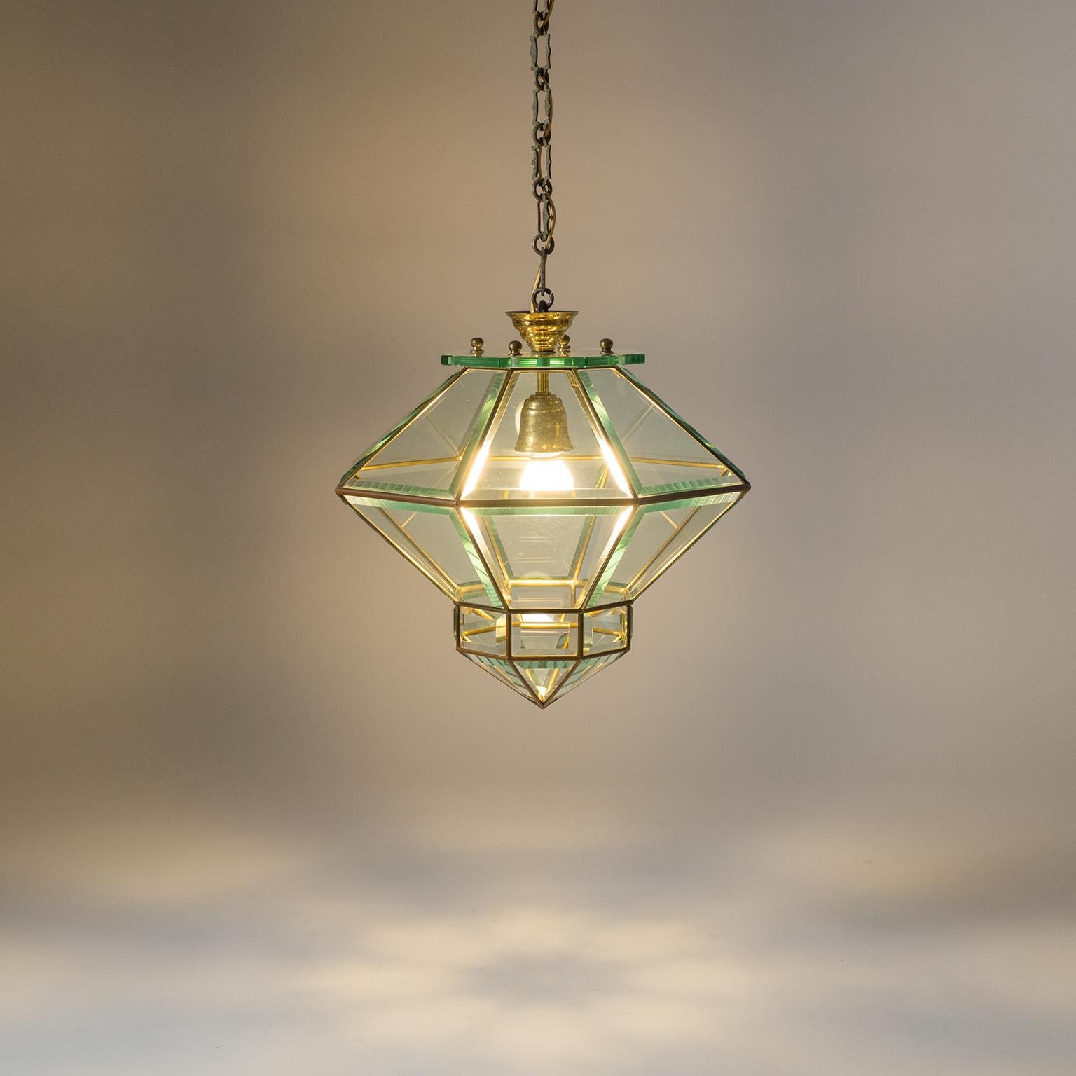 Italian 1940s Lantern, Faceted Glass and Brass In Good Condition In Vienna, AT