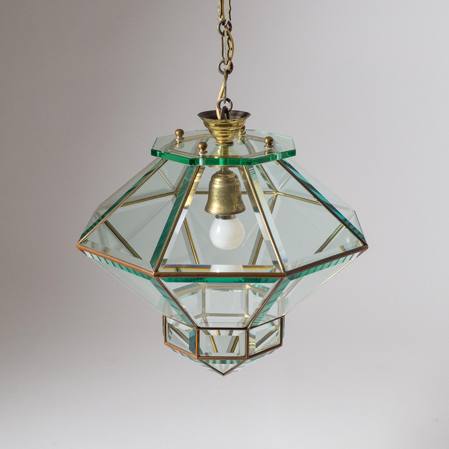 Mid-20th Century Italian 1940s Lantern, Faceted Glass and Brass