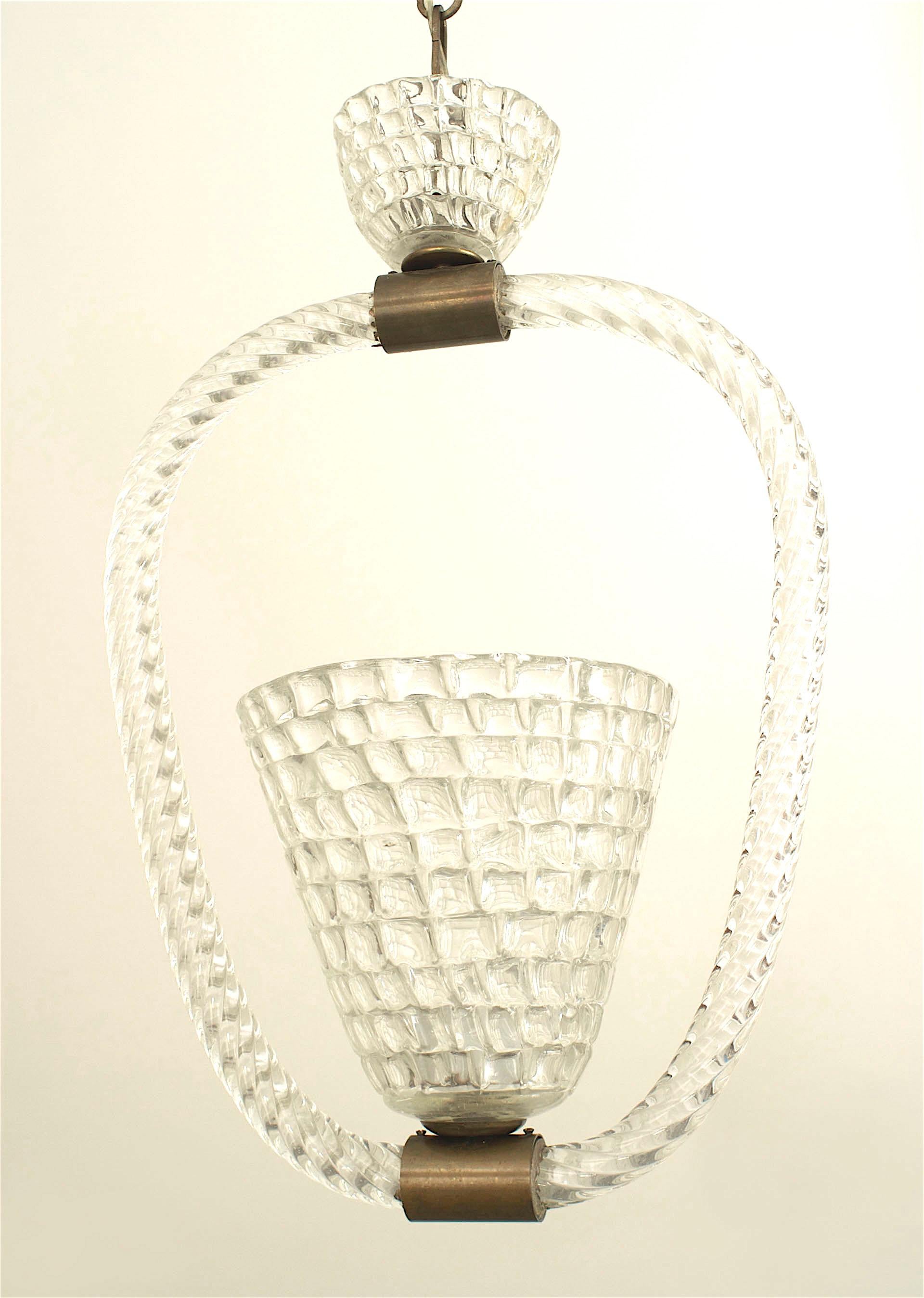 Italian 1940s lantern with a conical shaped centered woven form clear glass shade surrounded by a clear swirl glass ring with metal fittings (BAROVIER ET TOSO).

