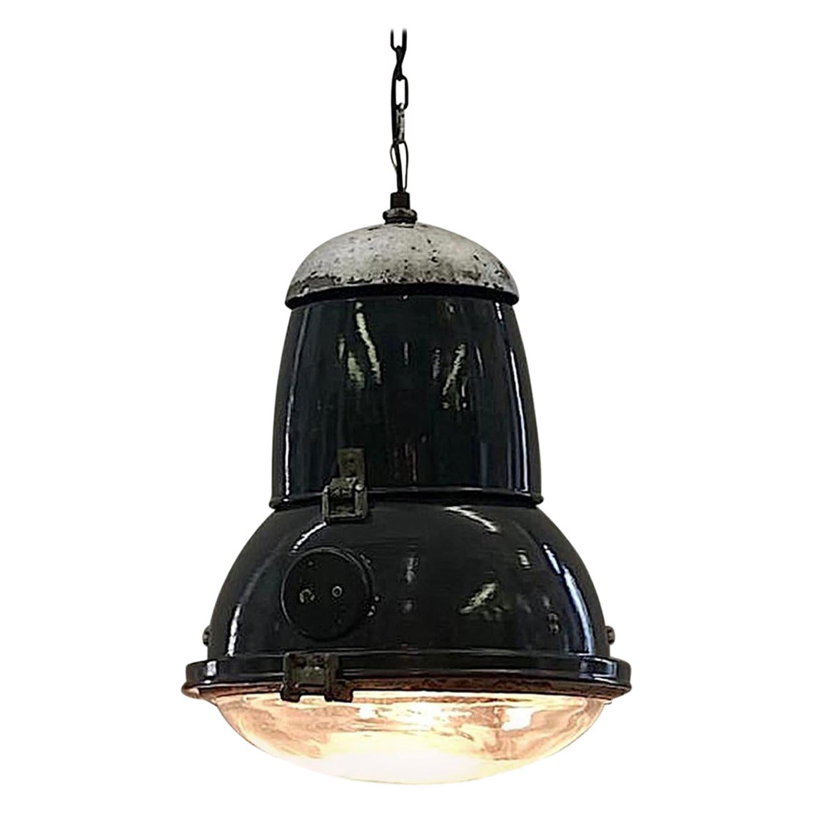 Italian 1940s Large Industrial Factory -Warehouse Enamel Lantern For Sale