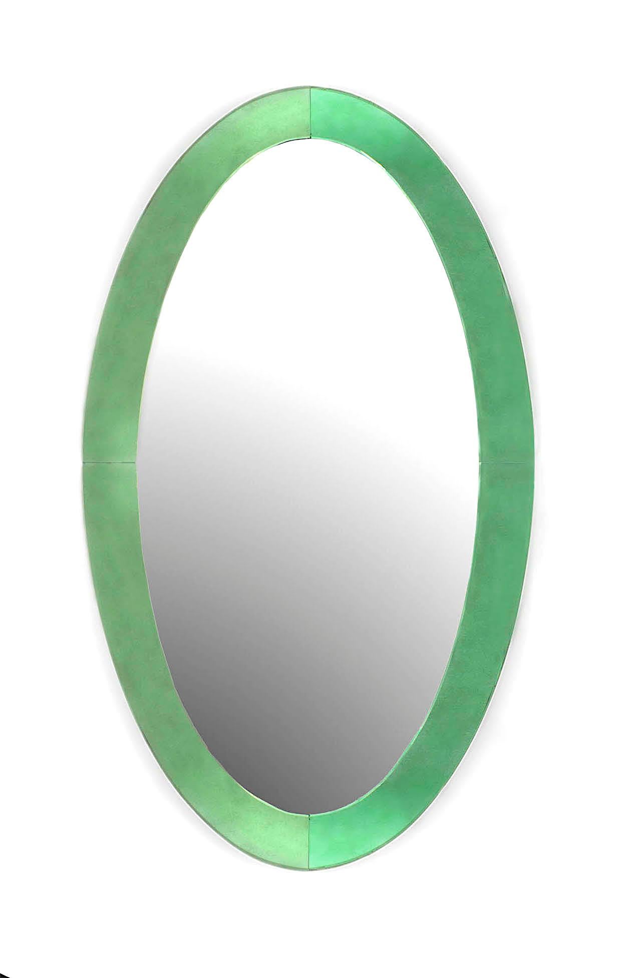 Italian 1940s large tinted light green glass framed oval wall mirror (by Fontana Arte).


Under the art direction of the great Gio Ponti, FontanaArte has been a leader in the modern lighting sector since 1931. The Italian lighting company's
