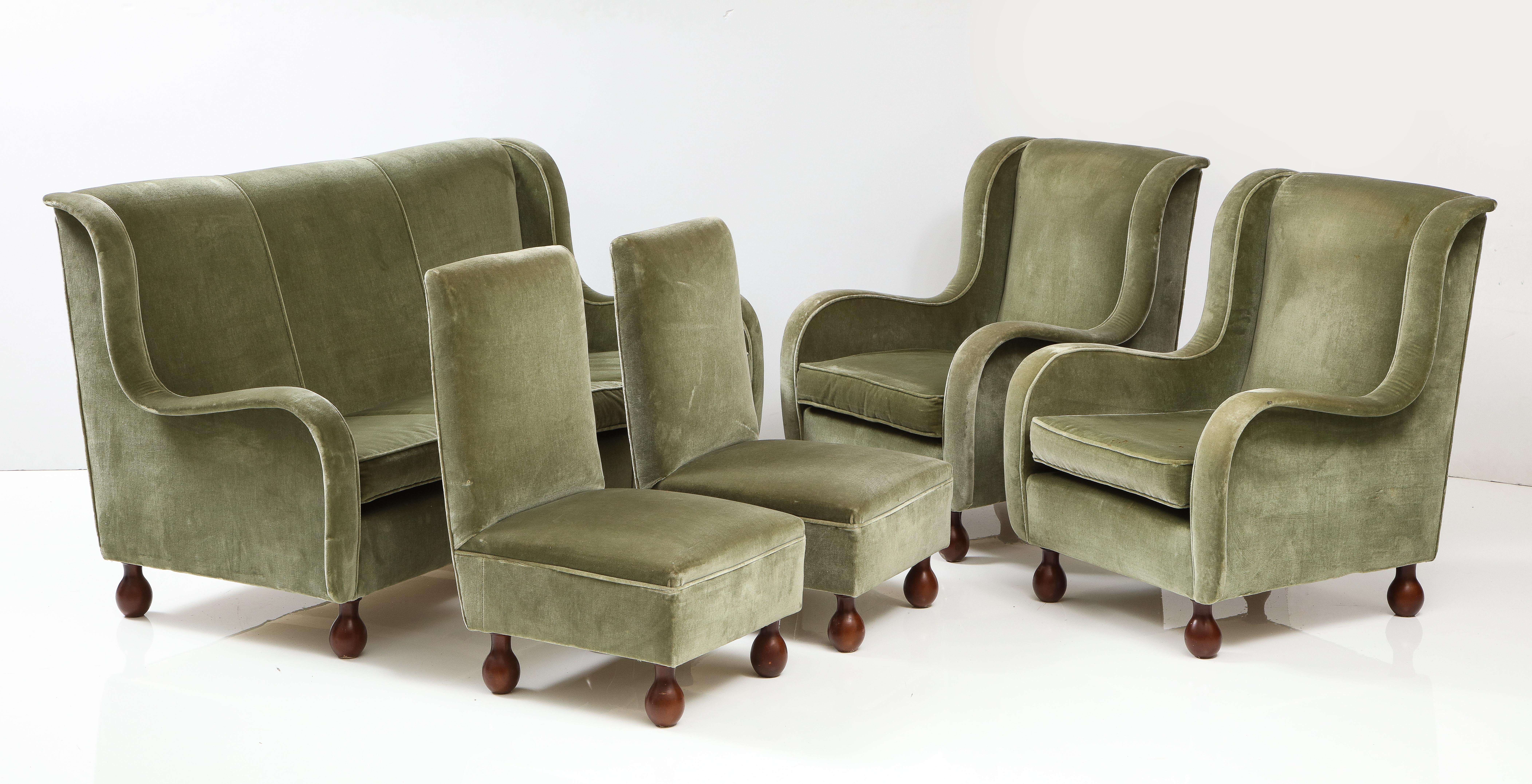 Italian 1940's Living Room Suite, Sofa, Pair of Chairs, Pair of Slipper Chair 6