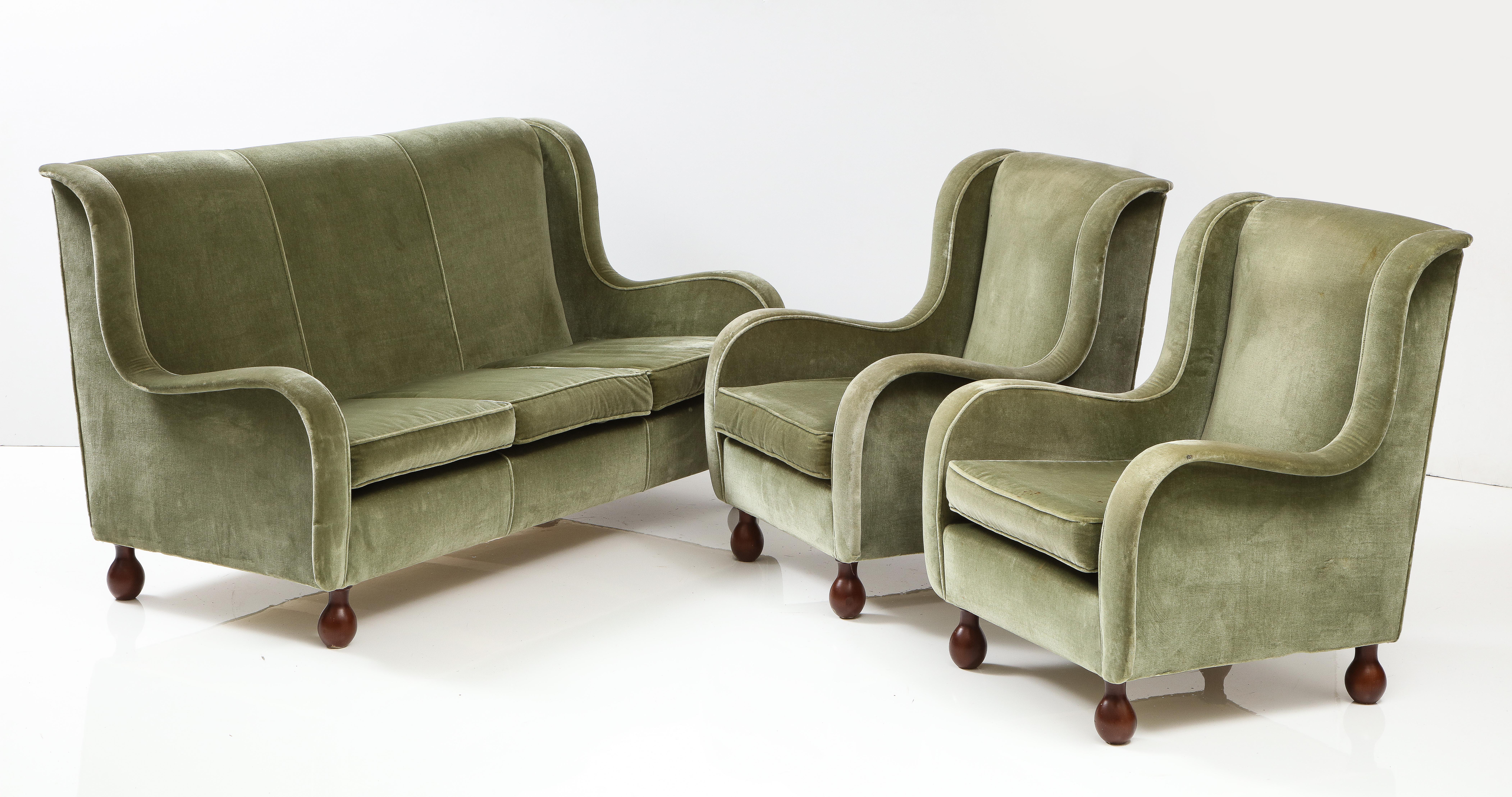 Italian 1940's Living Room Suite, Sofa, Pair of Chairs, Pair of Slipper Chair 7