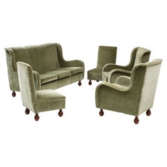 Italian 1940's Living Room Suite, Sofa, Pair of Chairs, Pair of Slipper Chair
