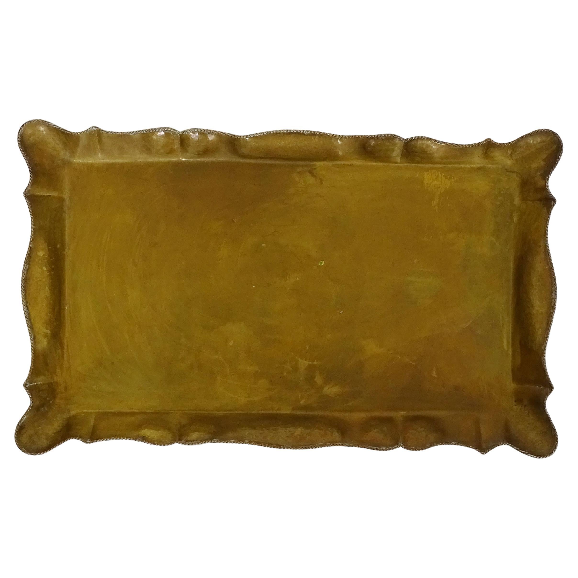 Italian 1940s Monumental Hammered Brass and Twisted Rope Decoration Serving Tray