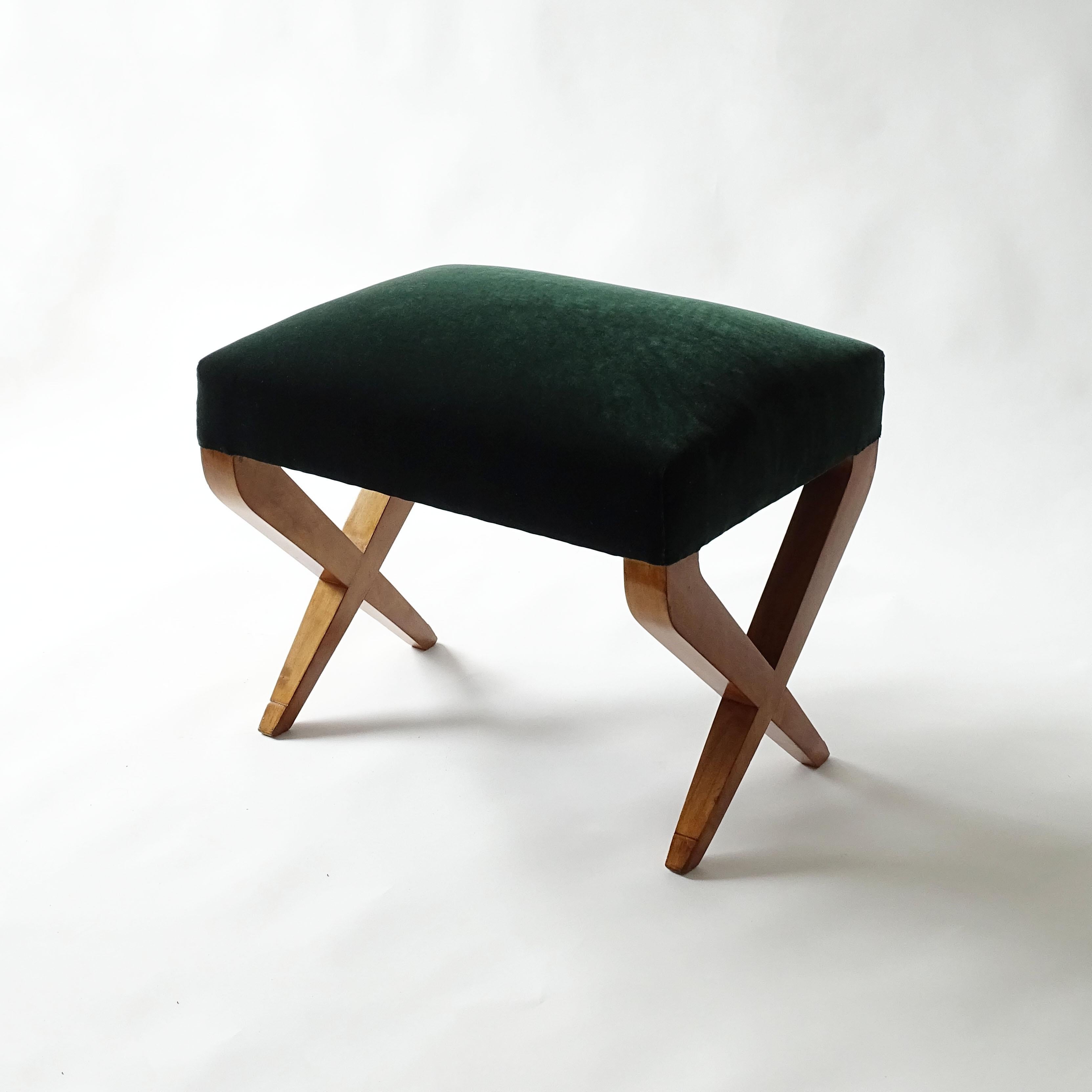 Mid-20th Century Italian 1940s Pair of Cross-Legged Stools in Wood and Green Velvet