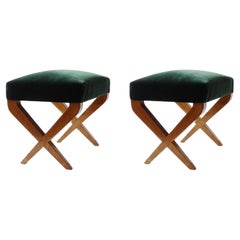 Italian 1940s Pair of Cross-Legged Stools in Wood and Green Velvet