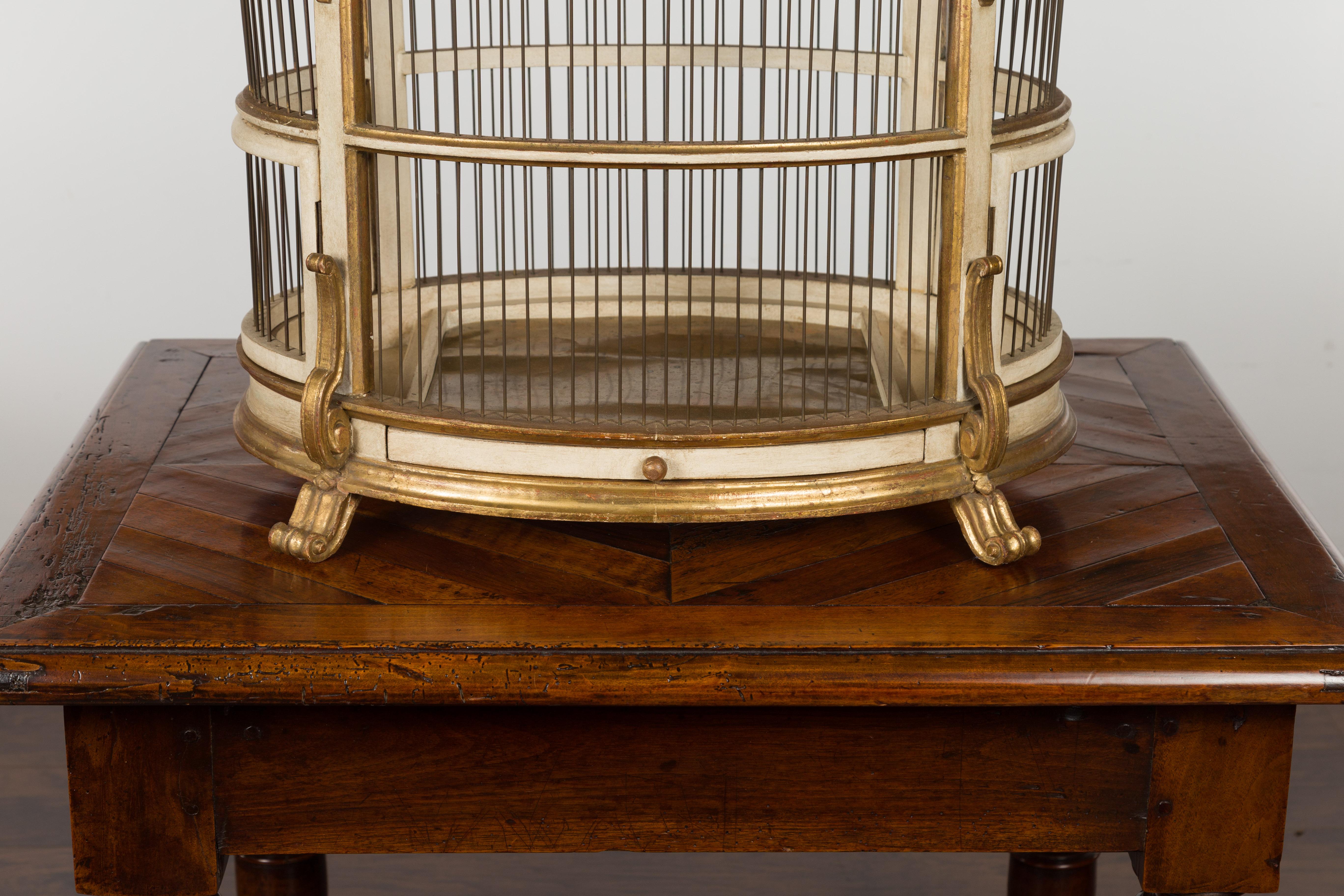 Carved Italian 1940s Rococo Style Oval Birdcage with Gilt and Painted Accents