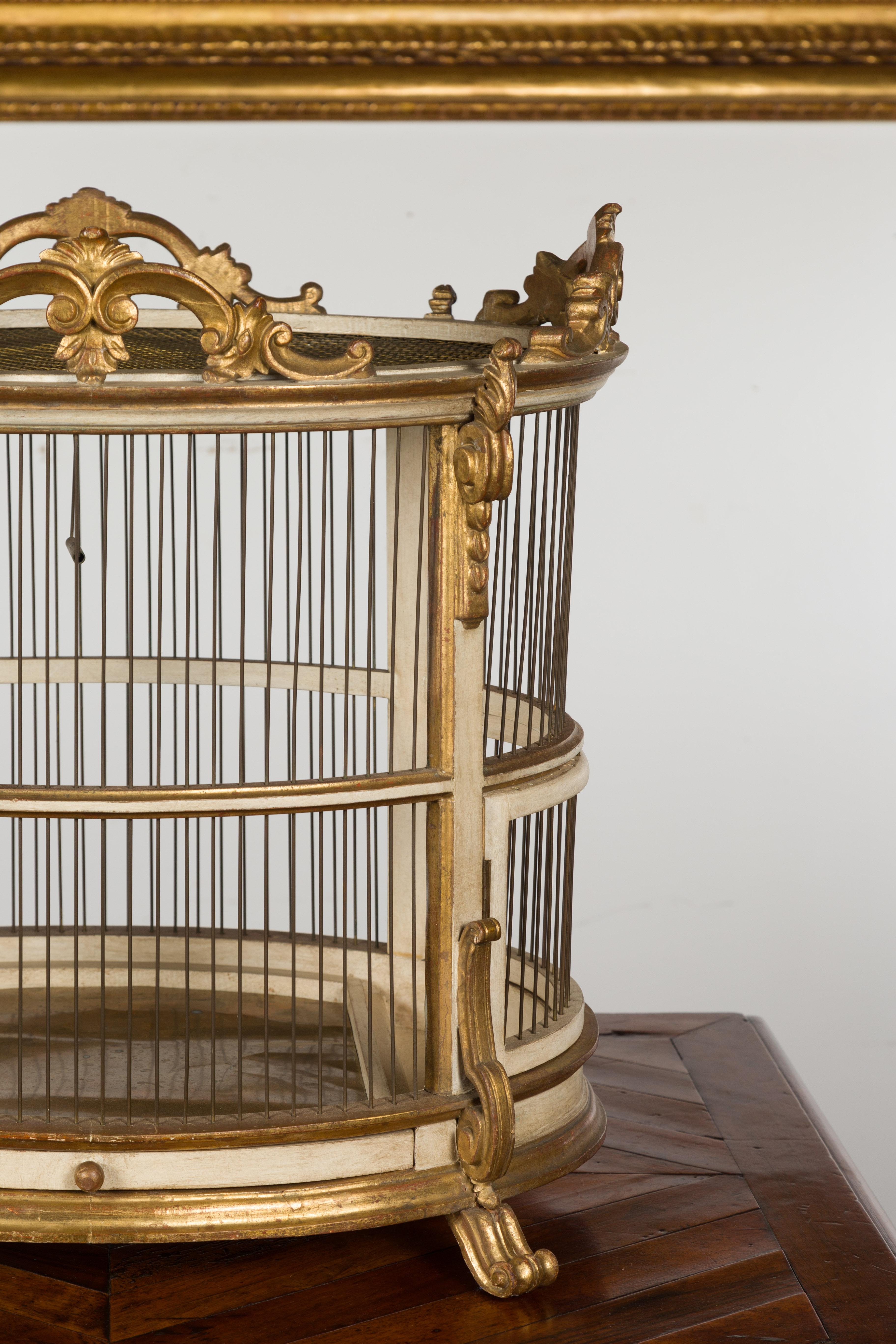 20th Century Italian 1940s Rococo Style Oval Birdcage with Gilt and Painted Accents