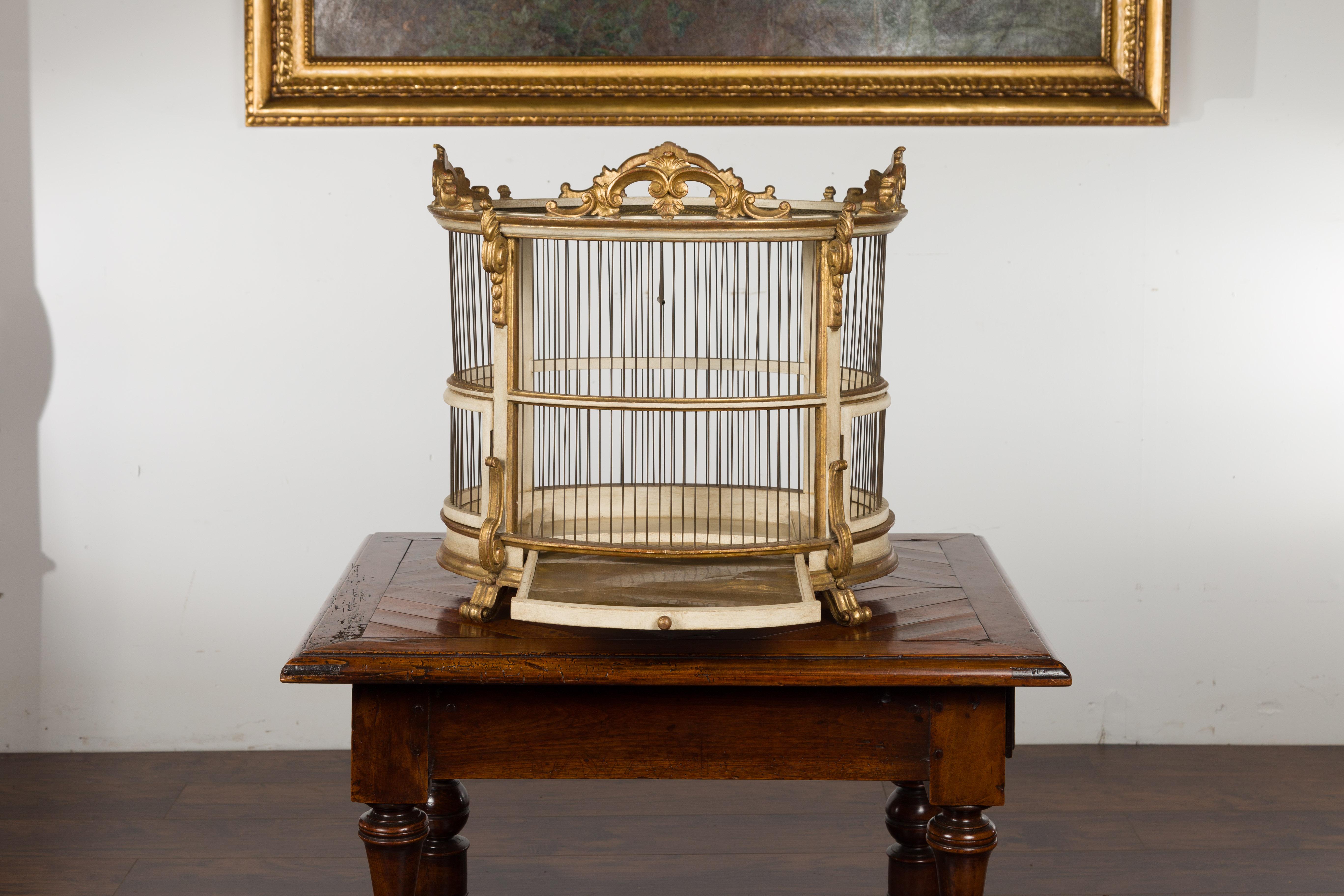 Wood Italian 1940s Rococo Style Oval Birdcage with Gilt and Painted Accents