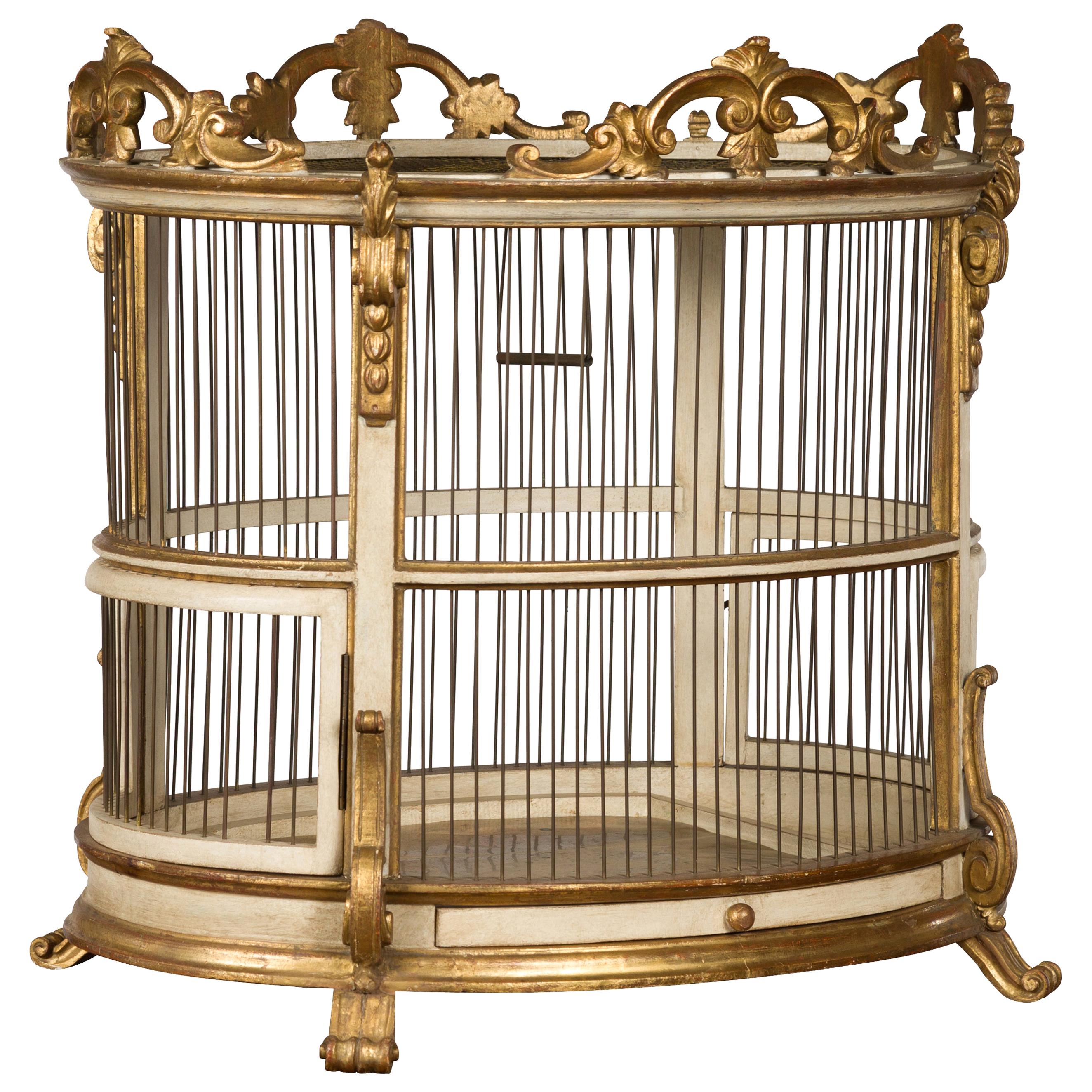 Italian 1940s Rococo Style Oval Birdcage with Gilt and Painted Accents