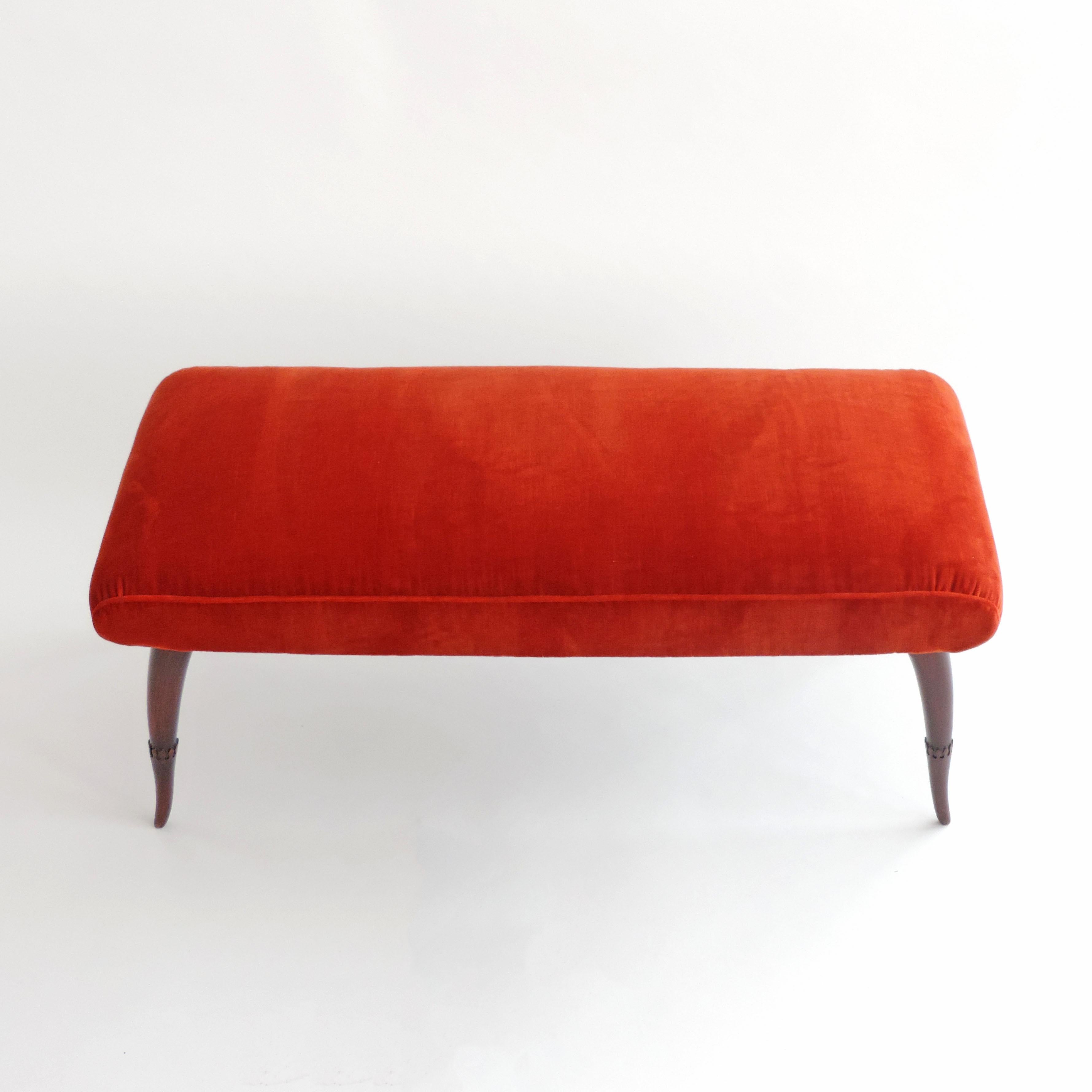 Upholstery Italian 1940s Sculpted Legs Bench in Wood and Fabric For Sale