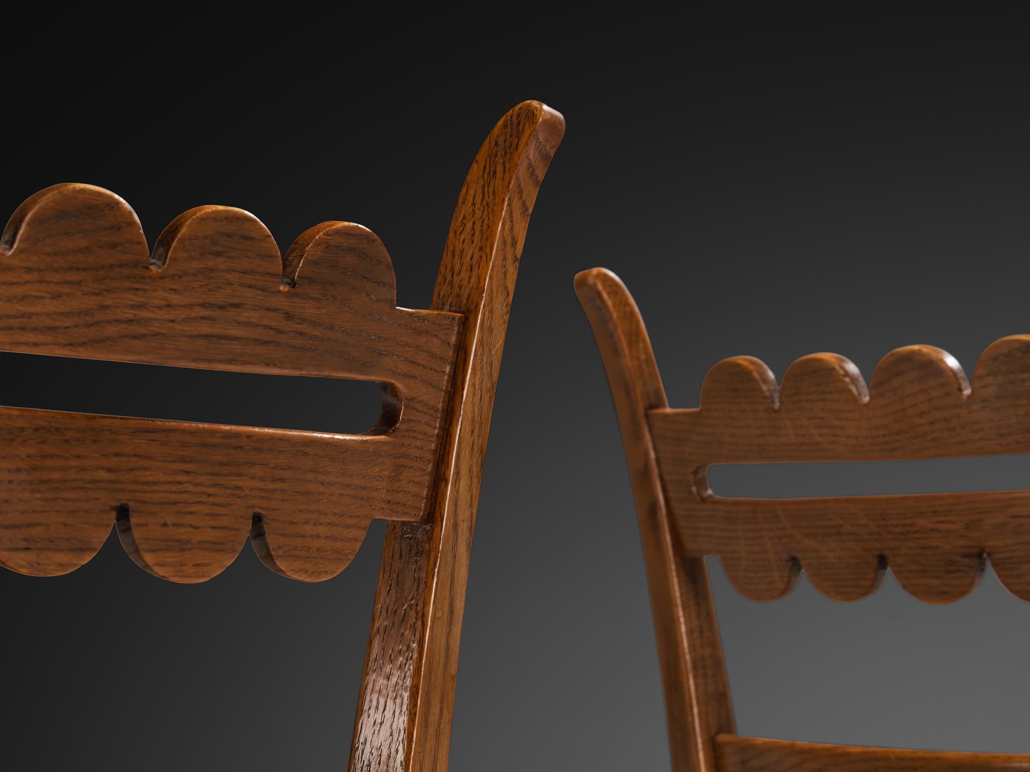 Art Deco Italian 1940s Set of Six Dining Chairs in Solid Oak and Olive Green Velour For Sale