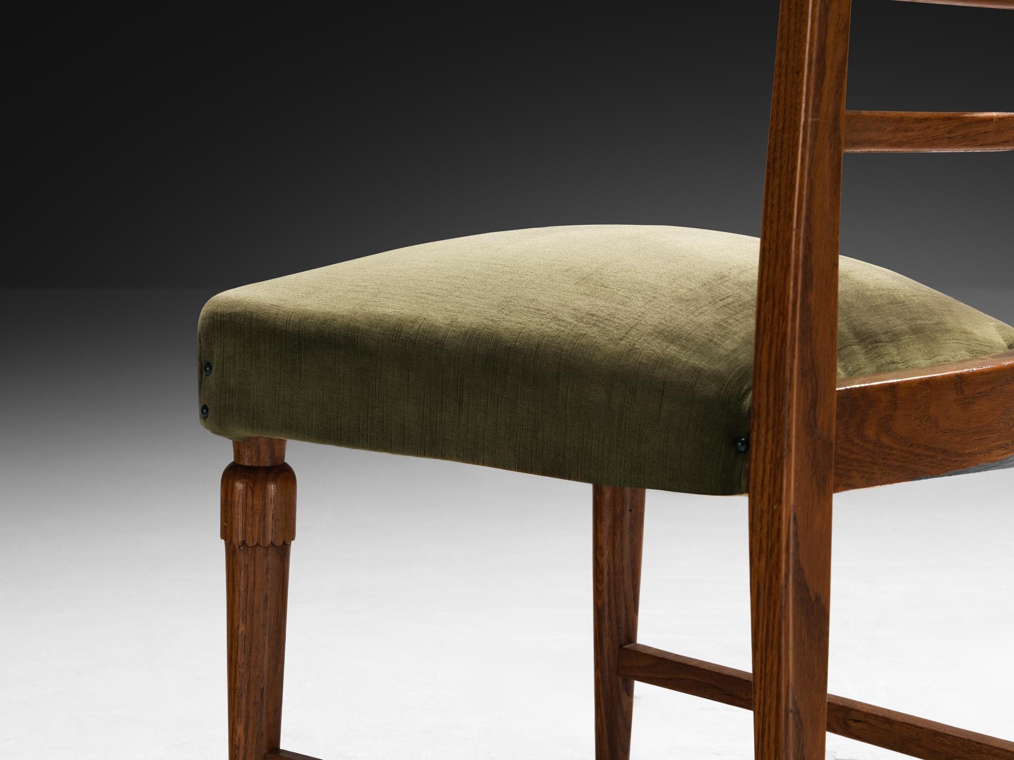 Velvet Italian 1940s Set of Six Dining Chairs in Solid Oak and Olive Green Velour For Sale