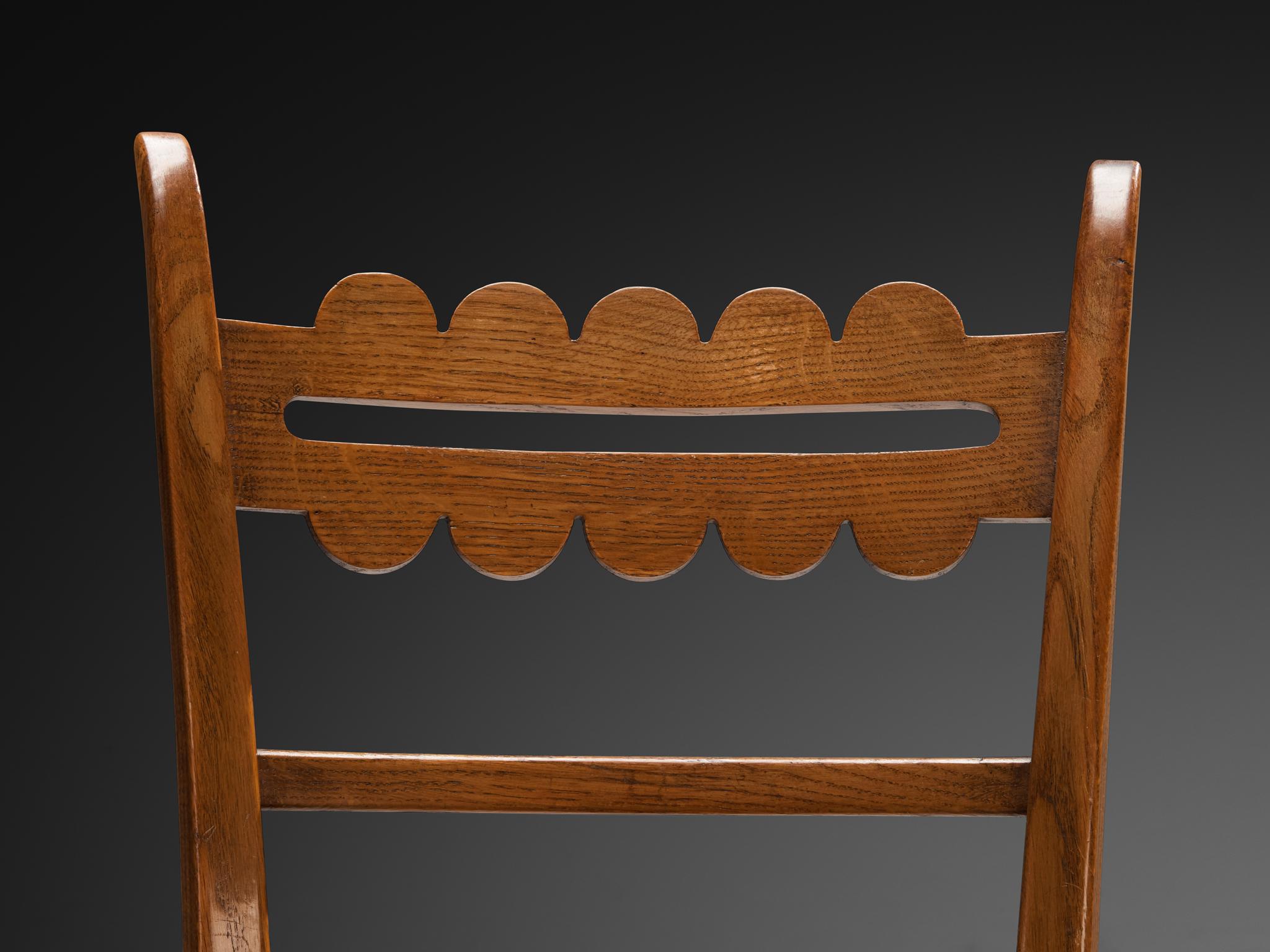 Italian 1940s Set of Six Dining Chairs in Solid Oak and Olive Green Velour For Sale 2