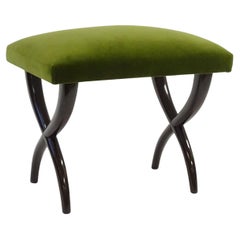 Italian 1940s Single Crossed Legs Stool in Lacquered Wood and Green Velvet