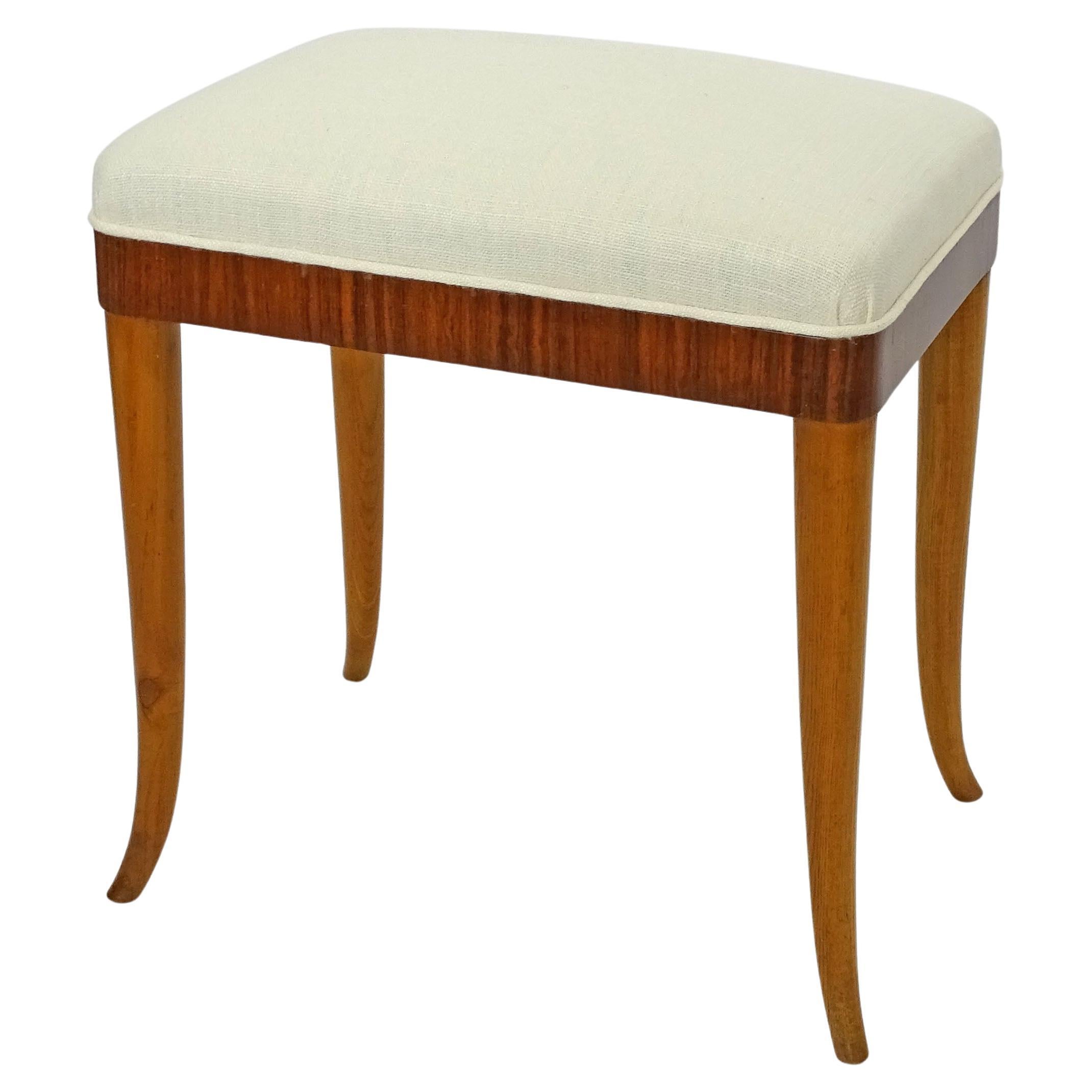 Italian 1940s Single Stool in Two Woods Finishes and White Linen