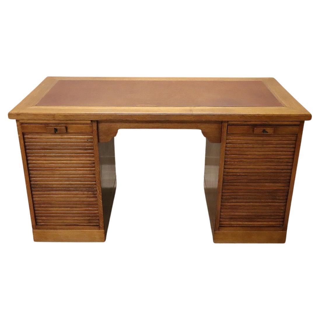 Italian 1940s Solid Oak Wood Writing Desk with Shutter Doors For Sale