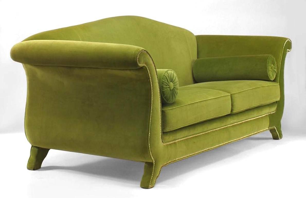 Italian 1940s style (modern) large settee / sofa with camel back design and flaired arms upholstered in light green velvet with 2 large seat cushions and 2 bolsters
