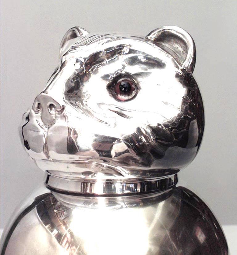 Italian 1940s style silver plated covered jar in the form of a cat with glass eyes.
 