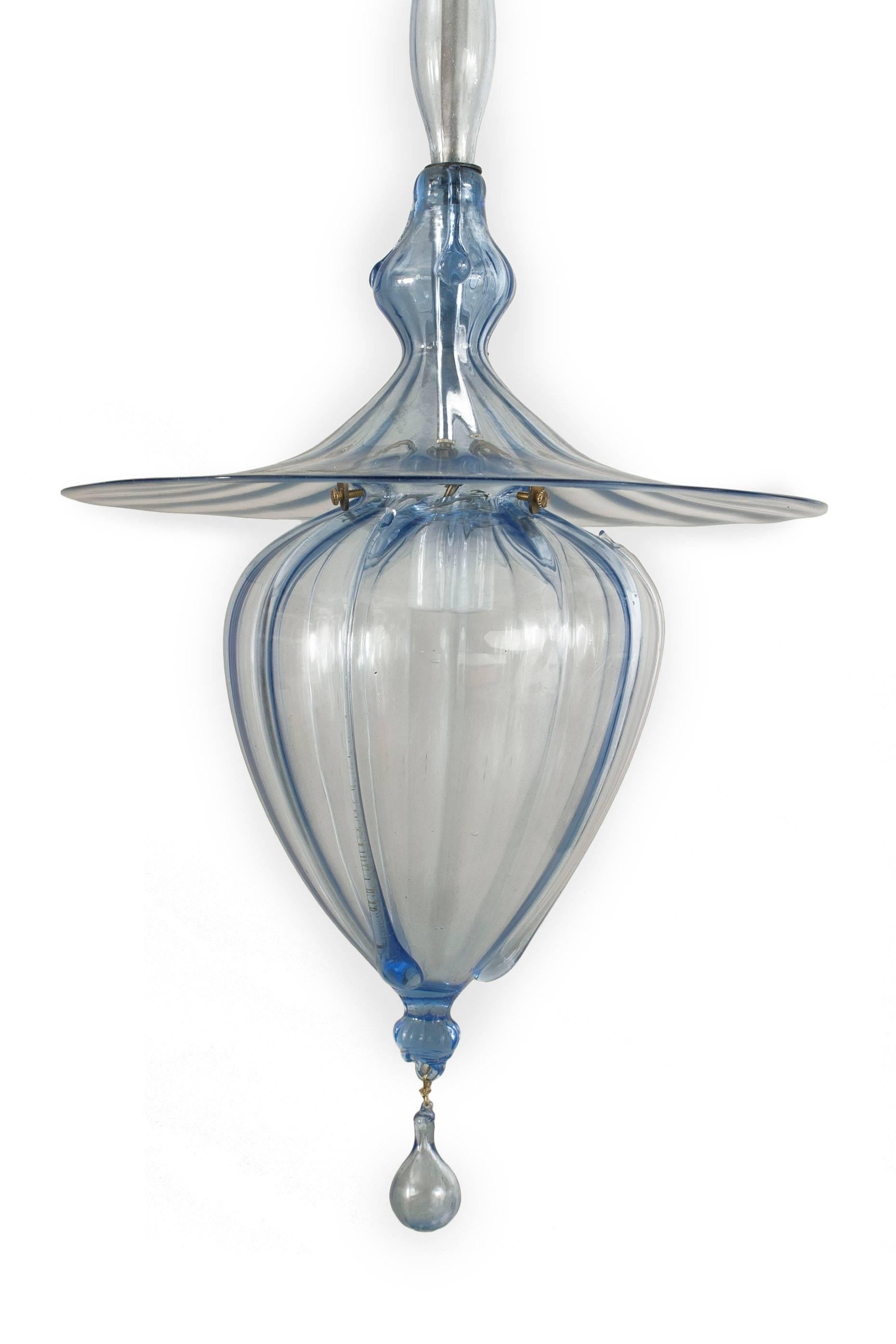 Italian 1940s Tinted Blue Glass Bulbous Form Fluted Lantern In Good Condition In New York, NY