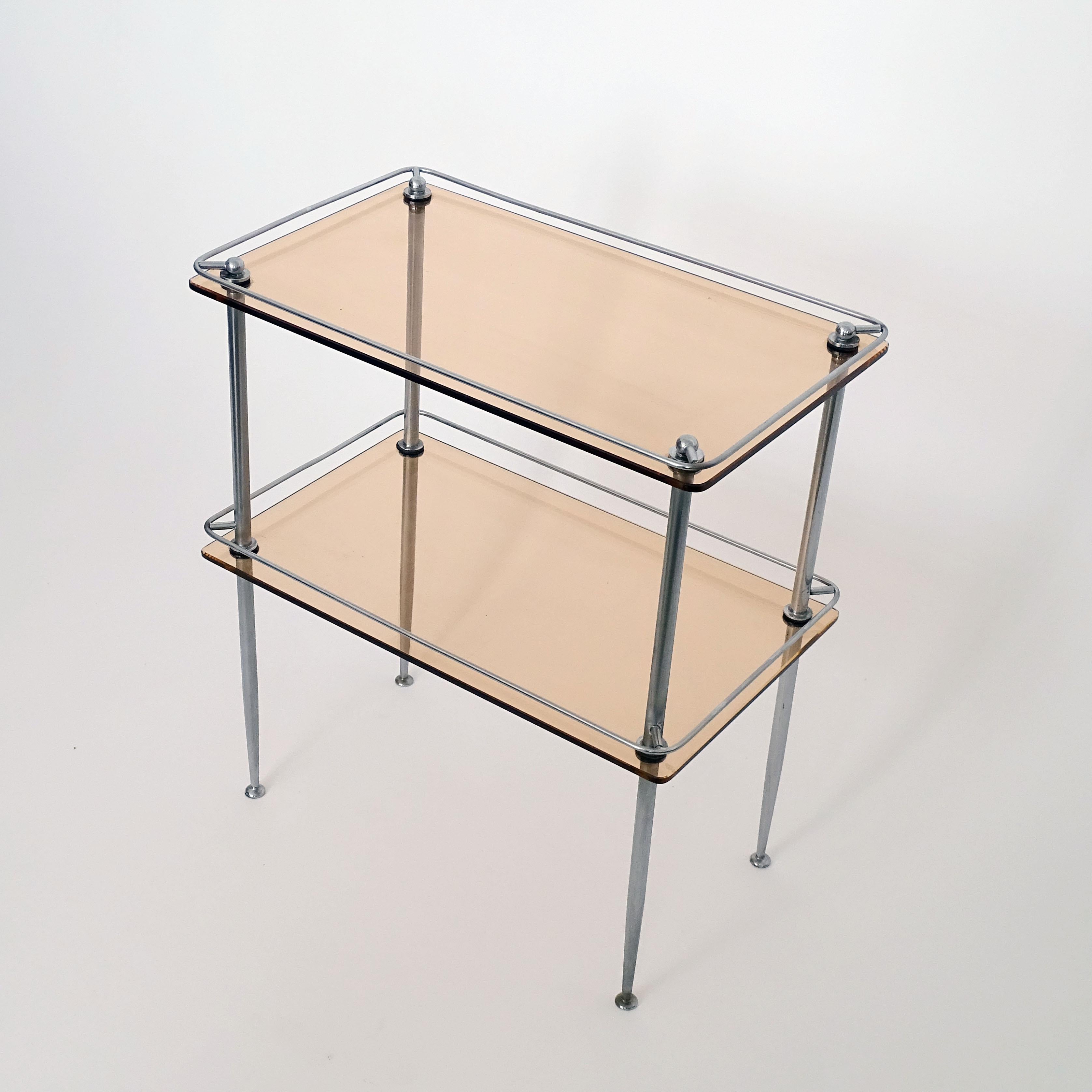Art déco Table d'appoint italienne des années 1940 pour salle de bains en chrome et verre rosé antique en vente