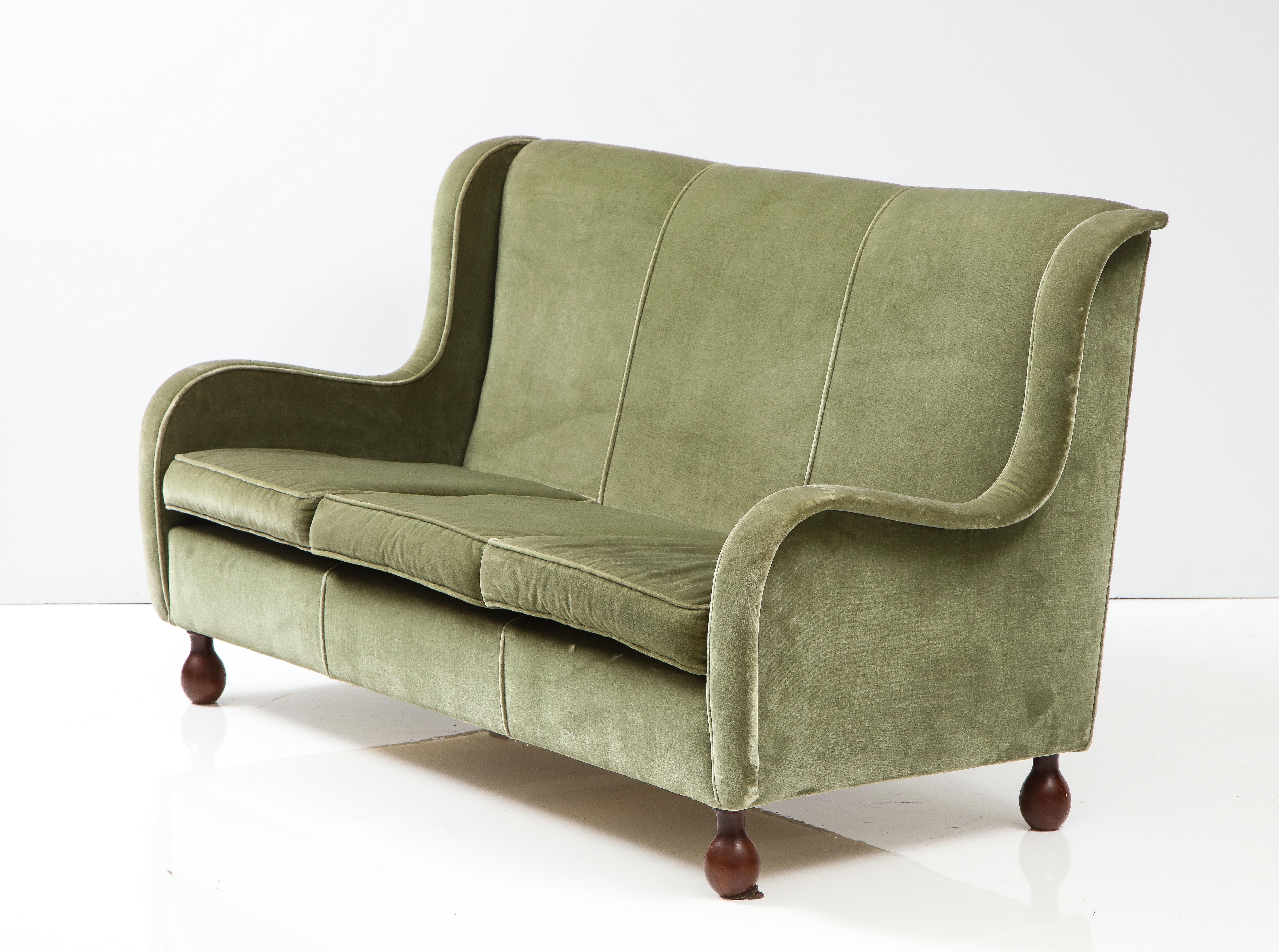 Mid-20th Century Italian 1940's Velvet Sofa with Walnut Bun Feet